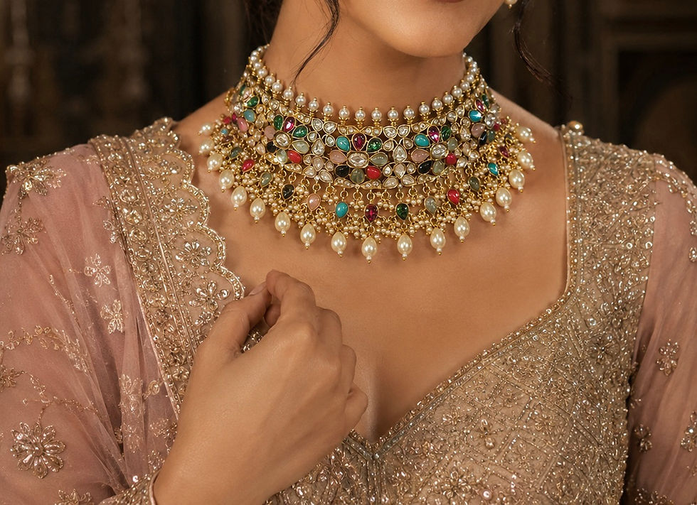 Thumbnail: Navratna multicolour jadau choker necklace with earrings 