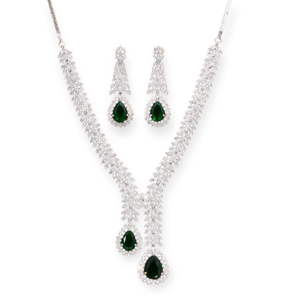 Thumbnail: Diamond studded dual drop necklace and earrings - 6 colours
