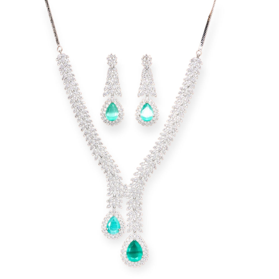 Thumbnail: Diamond studded dual drop necklace and earrings - 6 colours