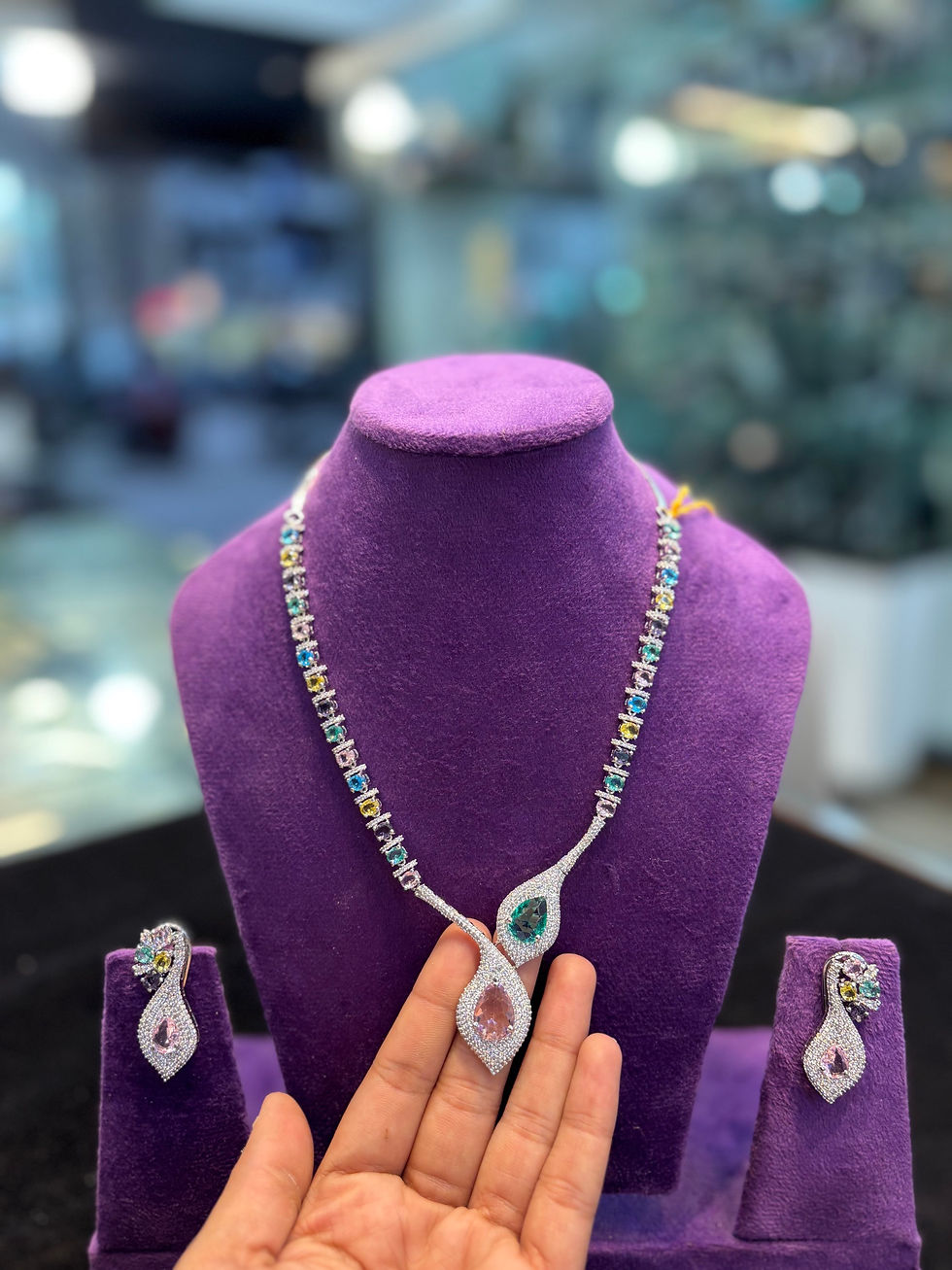 Thumbnail: Dual drop multicolour diamond necklace and earrings