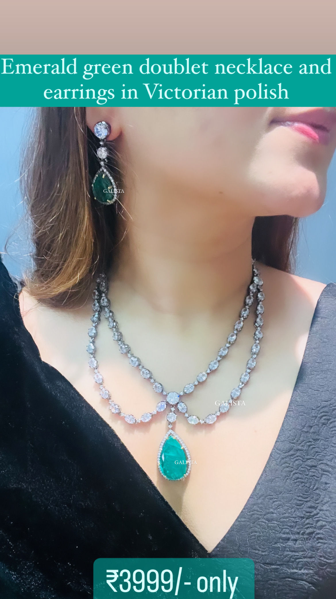 Emerald green doublet pendant chain with earrings - Victorian polish l