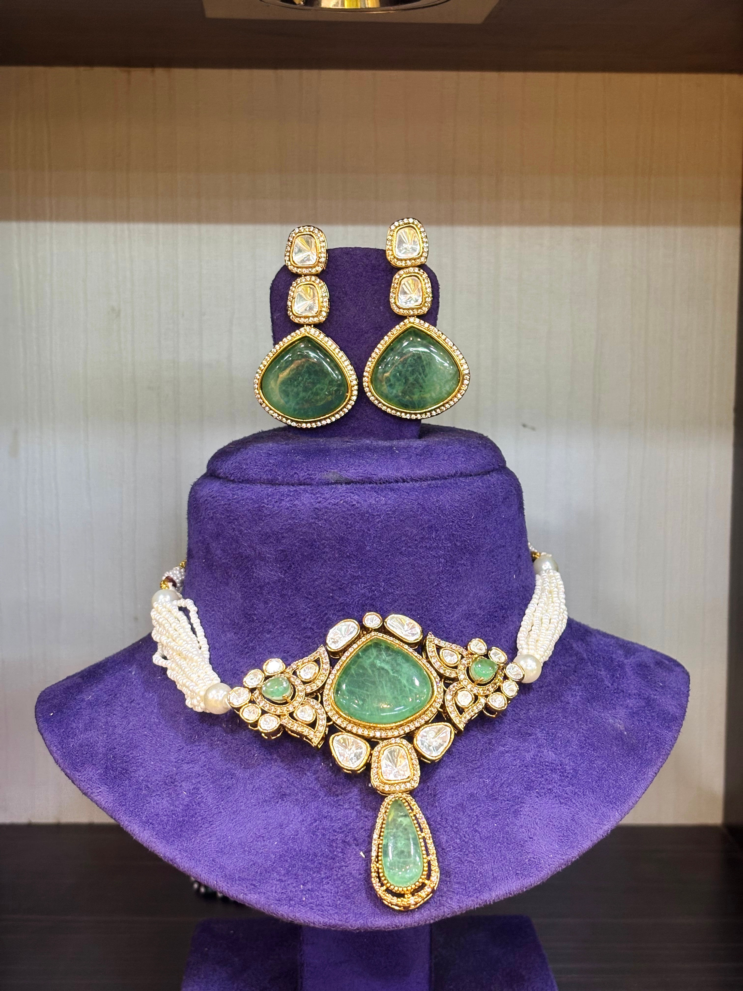 Doublet studded choker set and earrings - Green