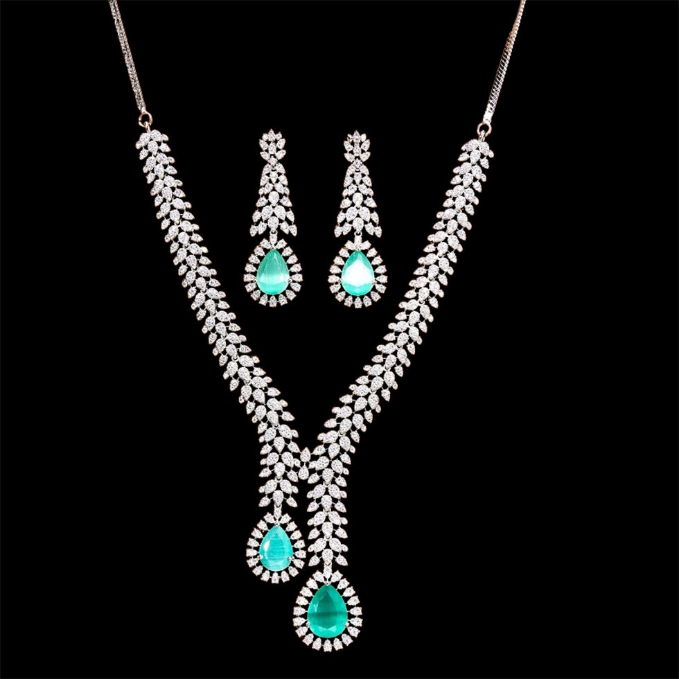 Thumbnail: Diamond studded dual drop necklace and earrings - 6 colours