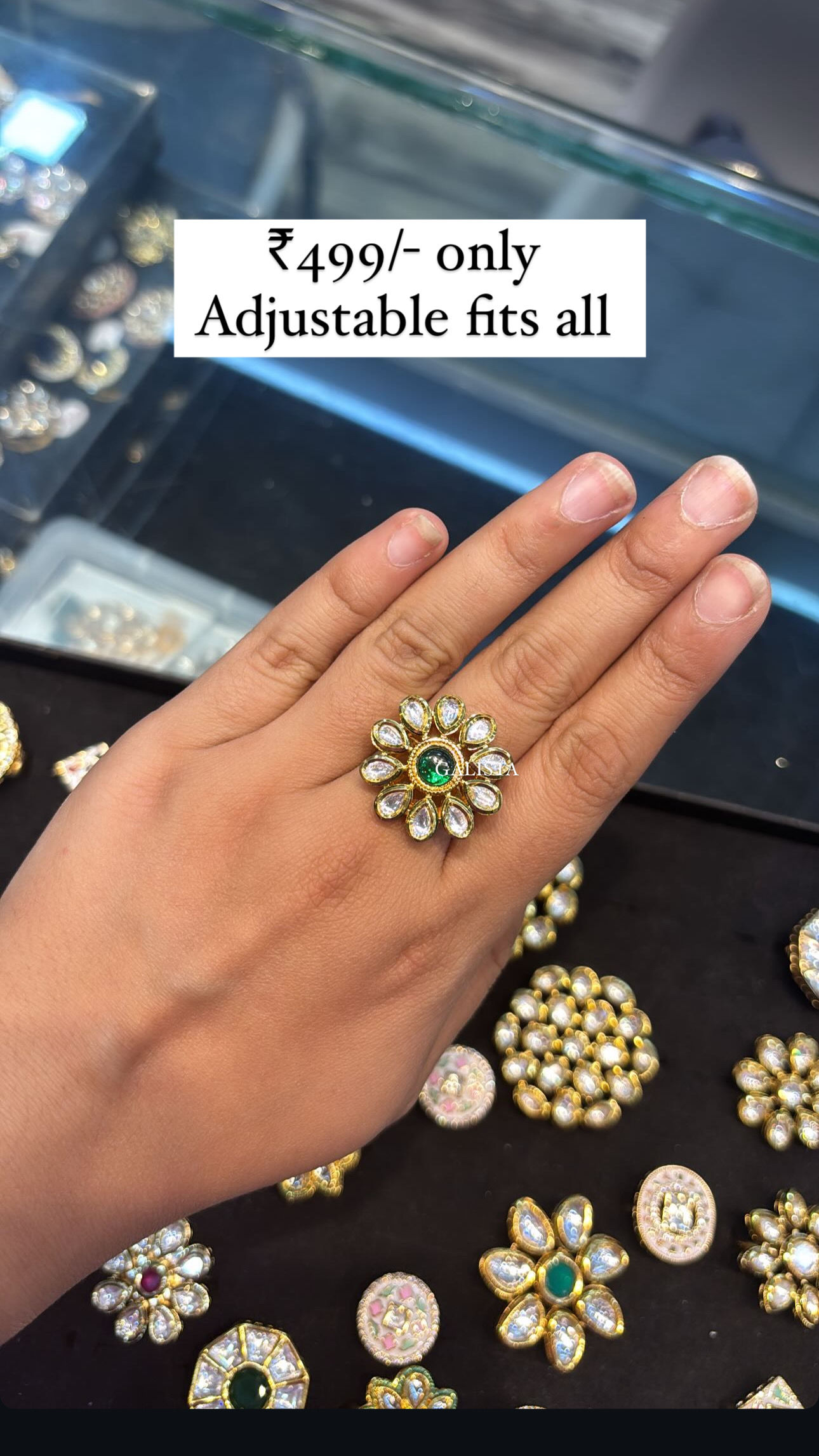 Kundan adjustable ring - Green 
