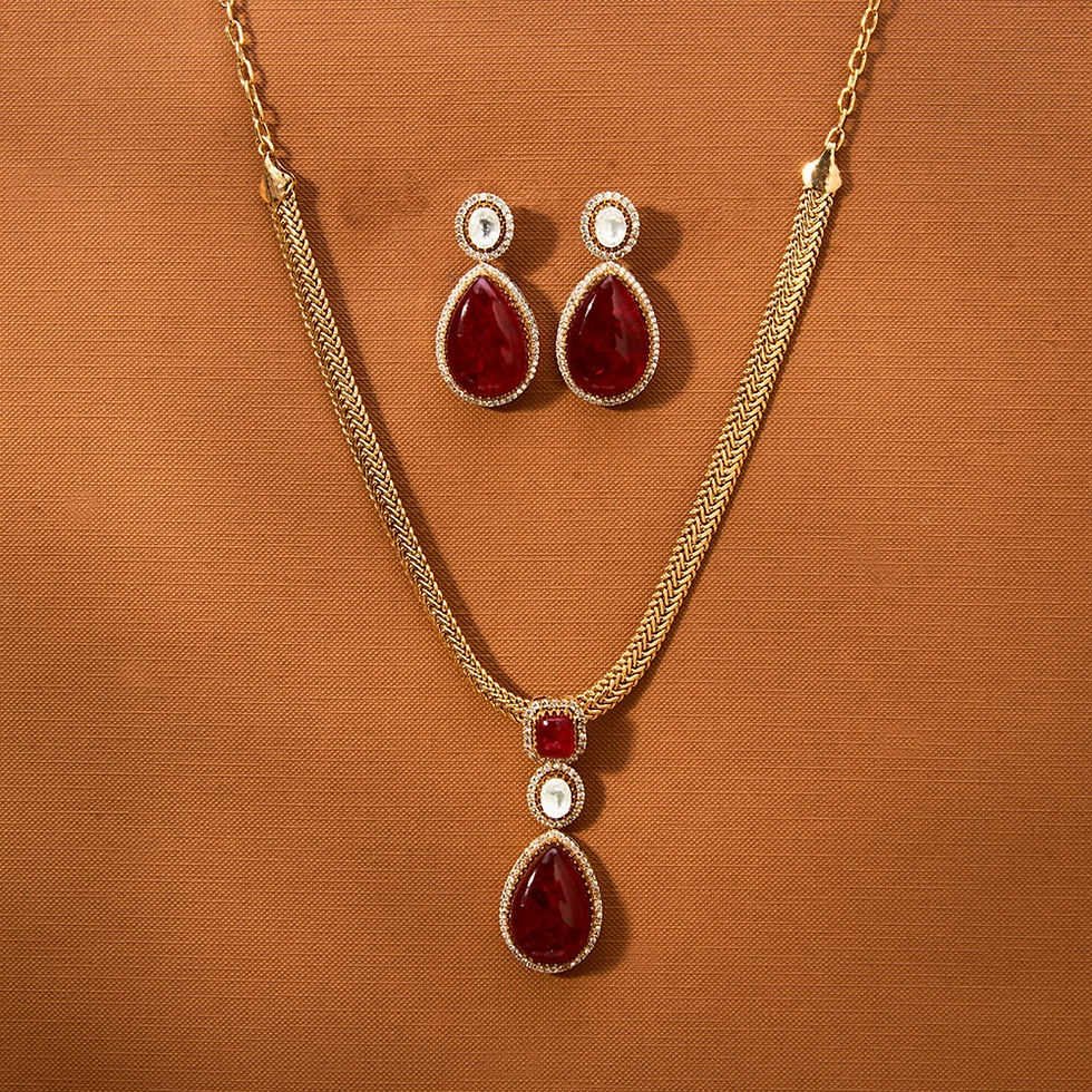 Thumbnail: Semi precious quality stones studded necklace and earrings - 4 colours