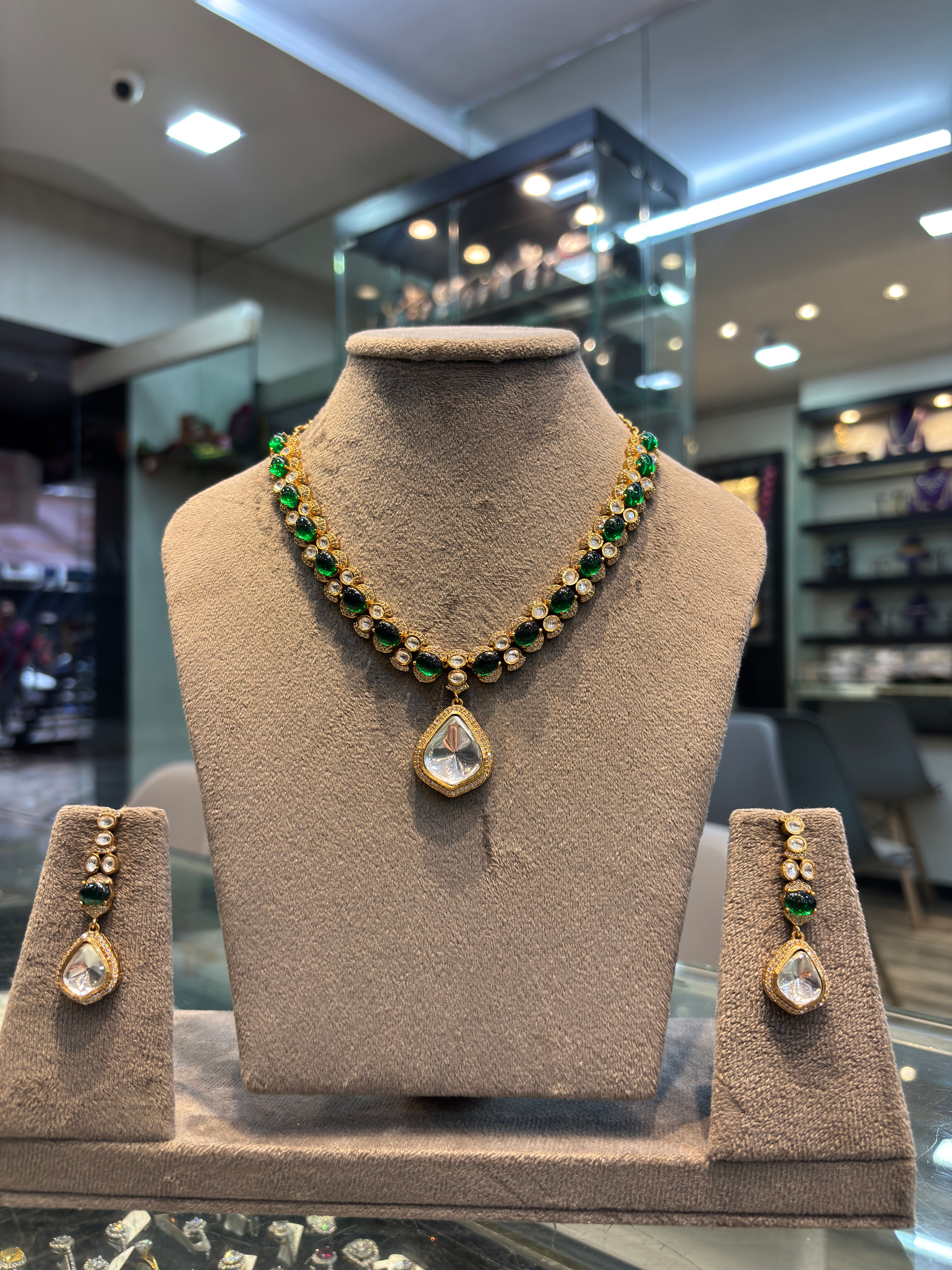 Moissanite polki studded necklace with earrings 