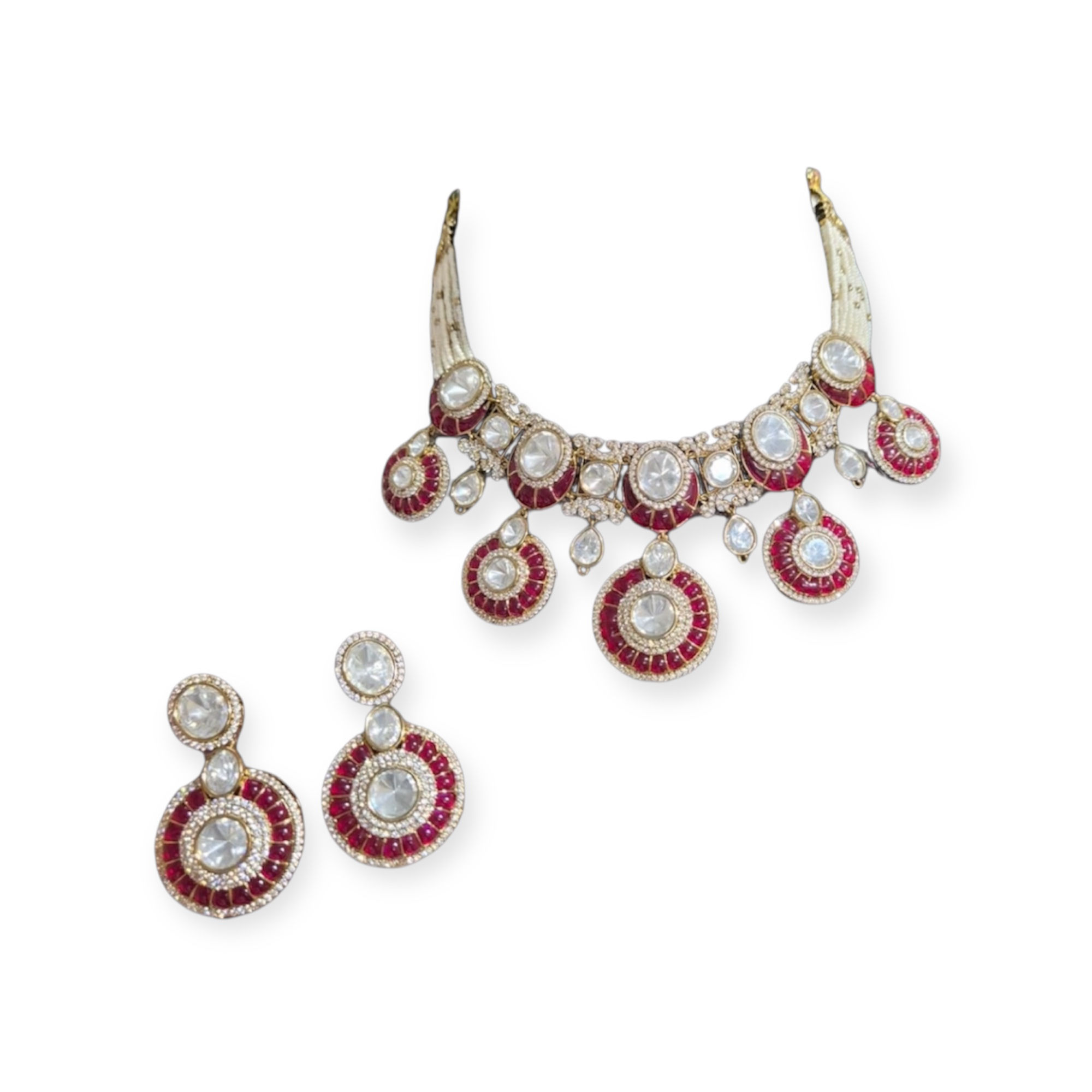 Potta meena work drop necklace and earrings - Ruby - carat polish 