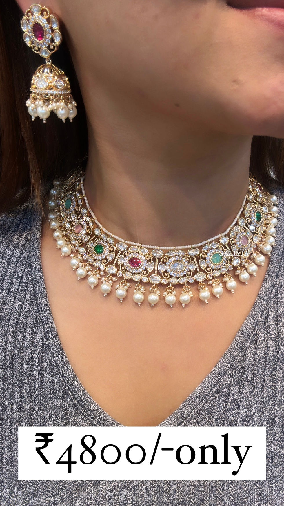 Thumbnail: Premium polki navratna necklace with earrings - Carat Polish