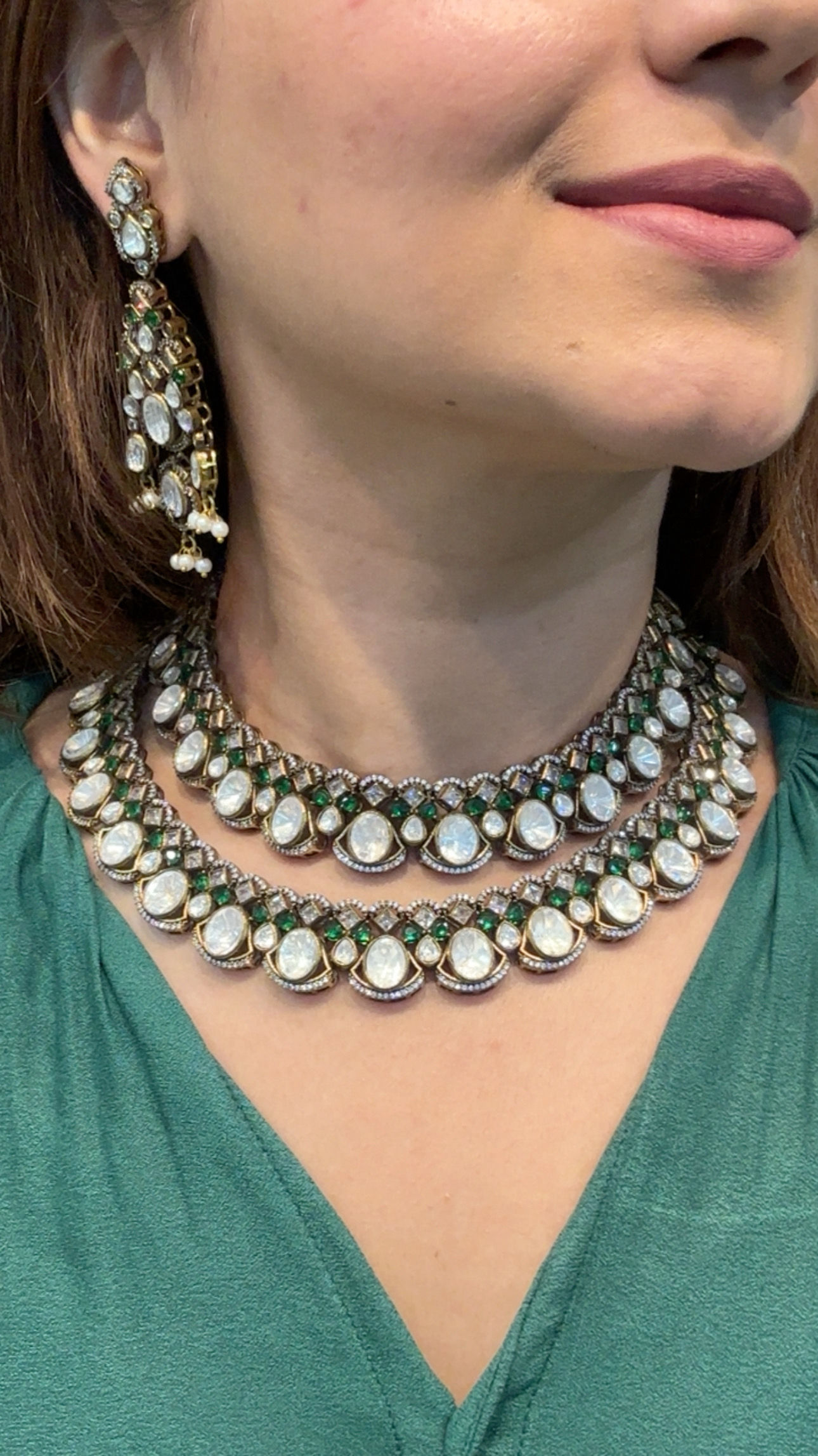 Victorian dual layer necklace and earrings - green 