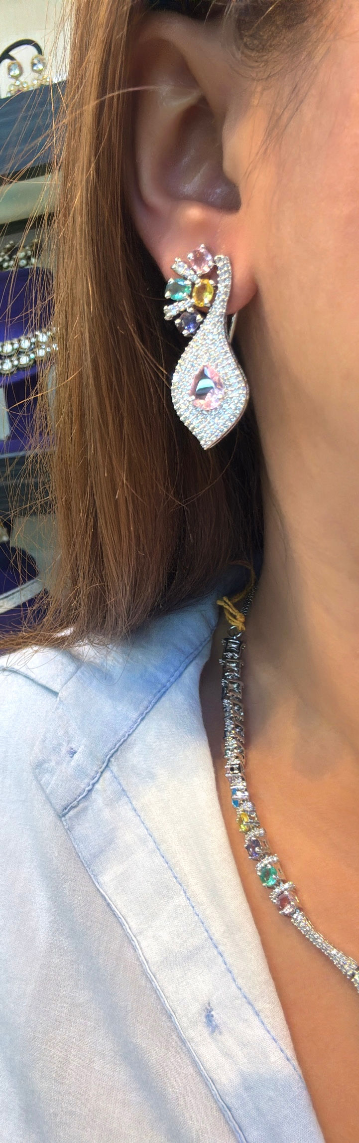 Thumbnail: Dual drop multicolour diamond necklace and earrings