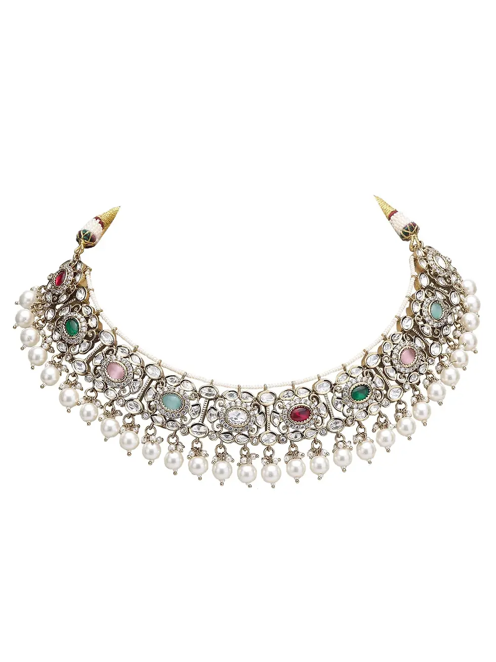 Thumbnail: Premium polki navratna necklace with earrings - Antique Victorian Polish