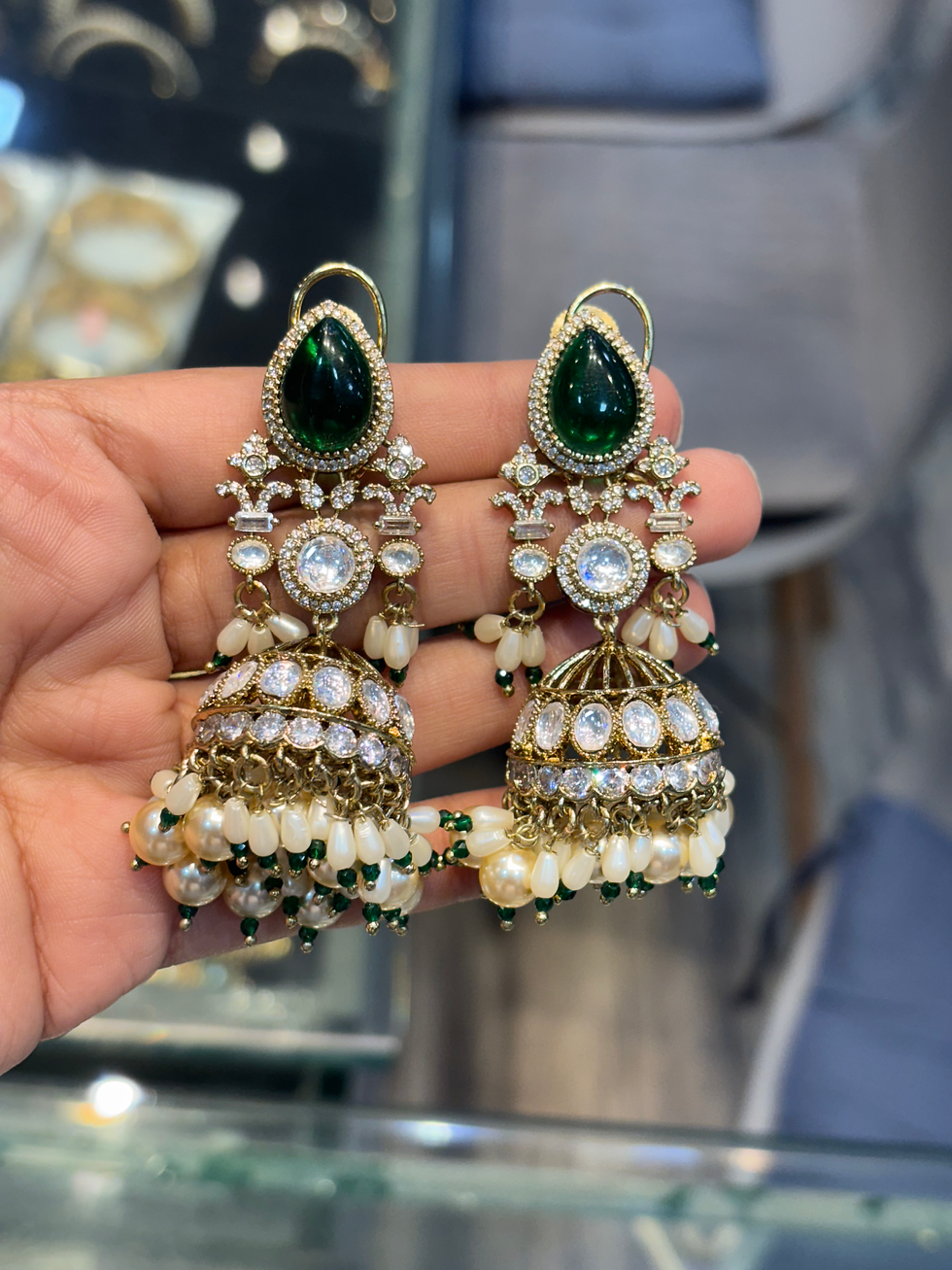 Thumbnail: Premium choker necklace with earrings and mang tika - dark green