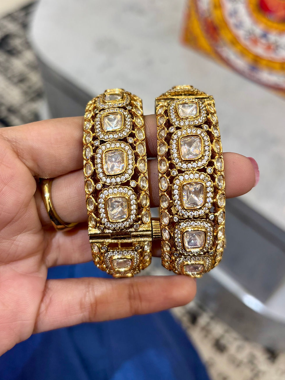 Thumbnail: Uncut polki two tone kada bangles - openable - one pair - 2 pieces 