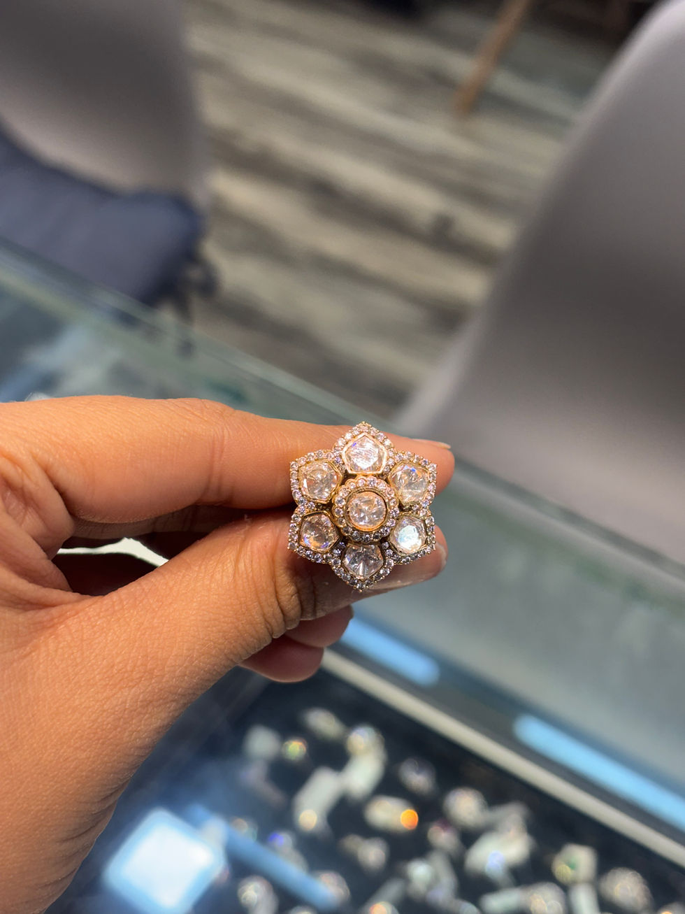 Thumbnail: Real looking Moissanite polki studded floral ring - adjustable 