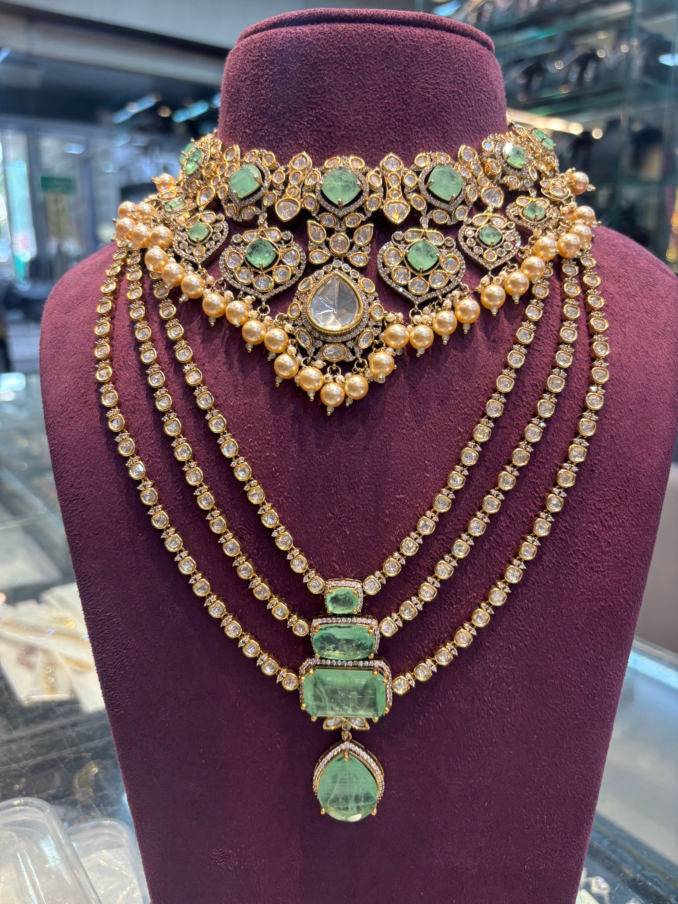 Mint doublet stone studded necklace - combo set option - two tone polish 