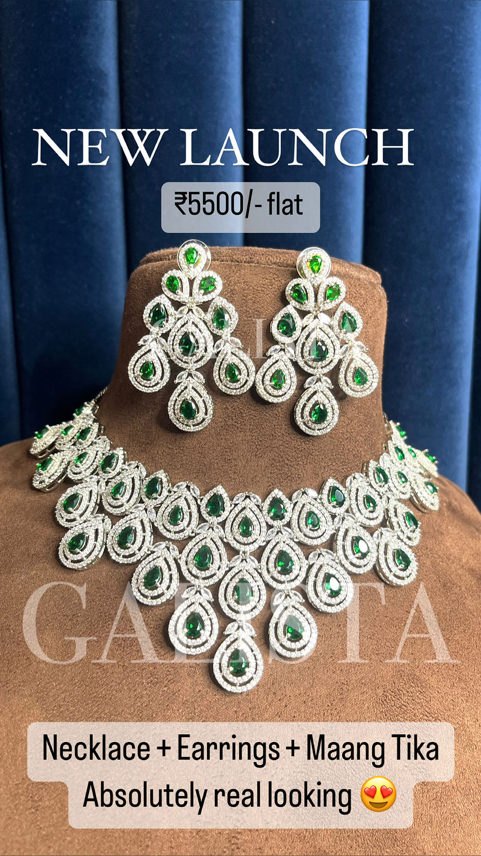 Thumbnail: Gorgeous pear drop multi layer long necklace with earrings and mang tika