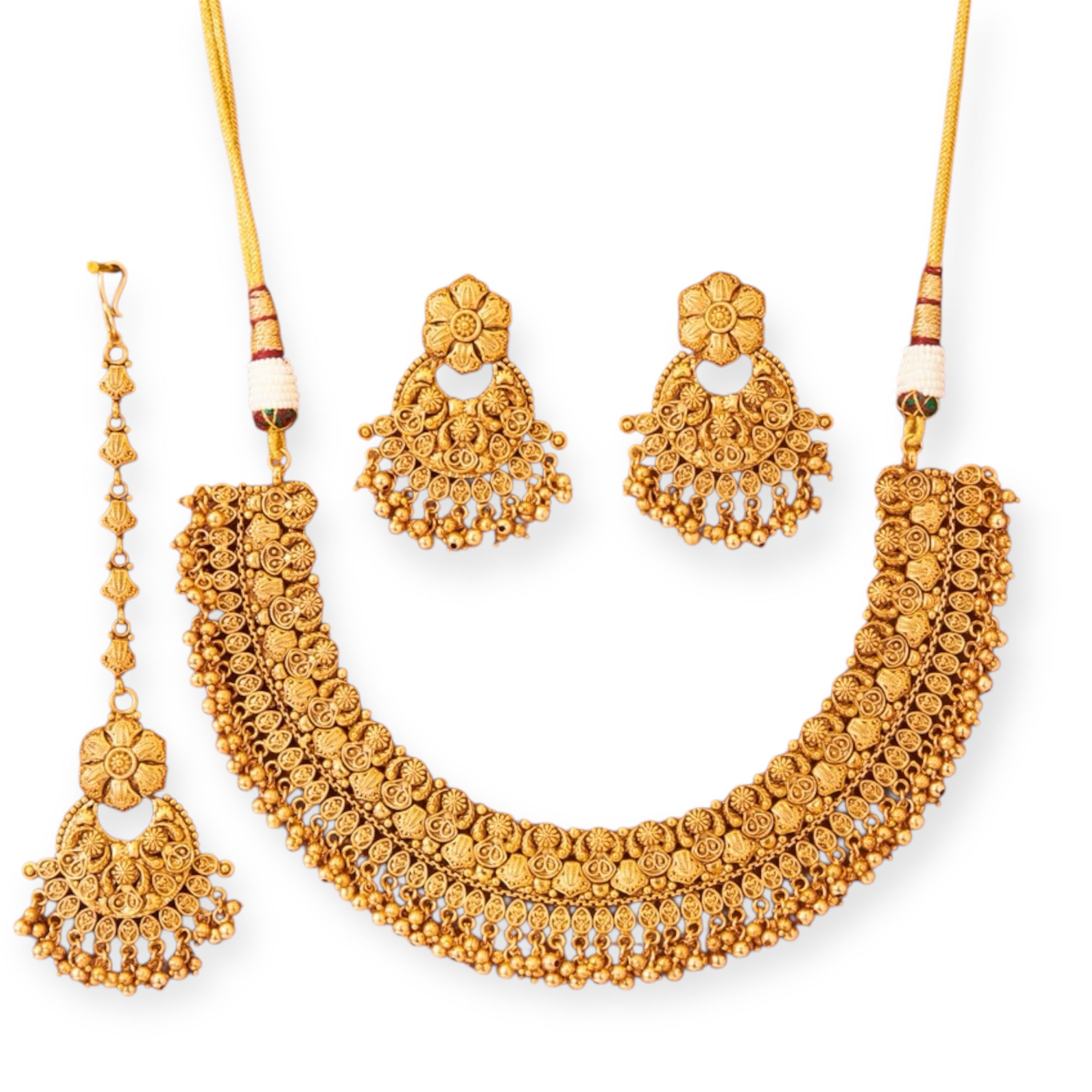 Real looking antique gold necklace, earrings and mang tika set
