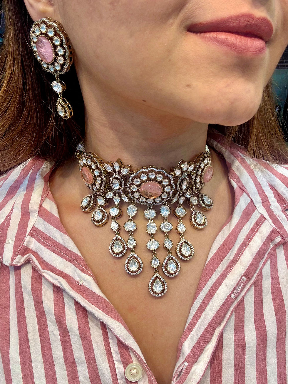 Thumbnail: Moissanite polki choker necklace, earrings and mang tika - Pink 