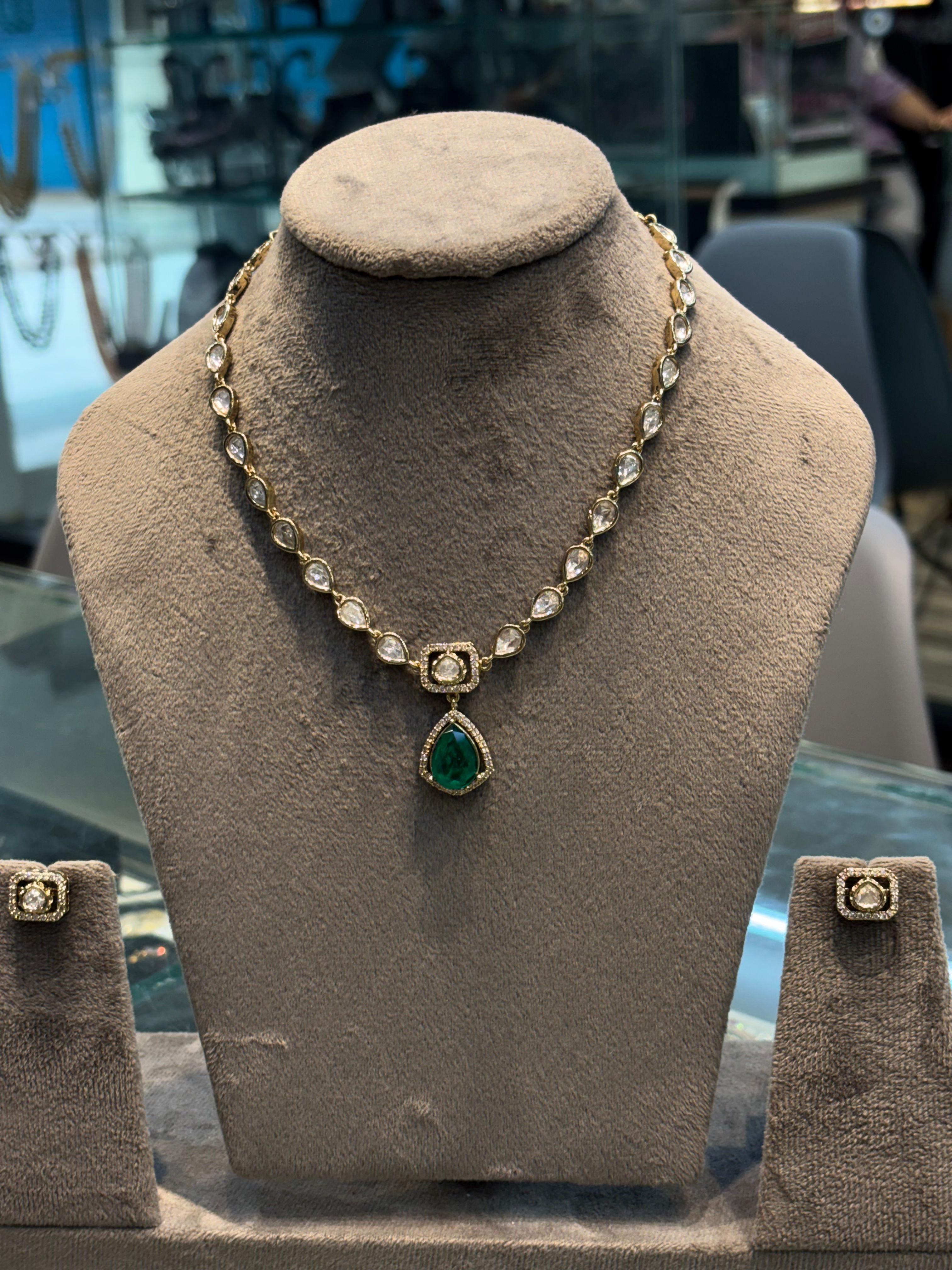 Polki studded necklace with earrings - Green - Victorian polish