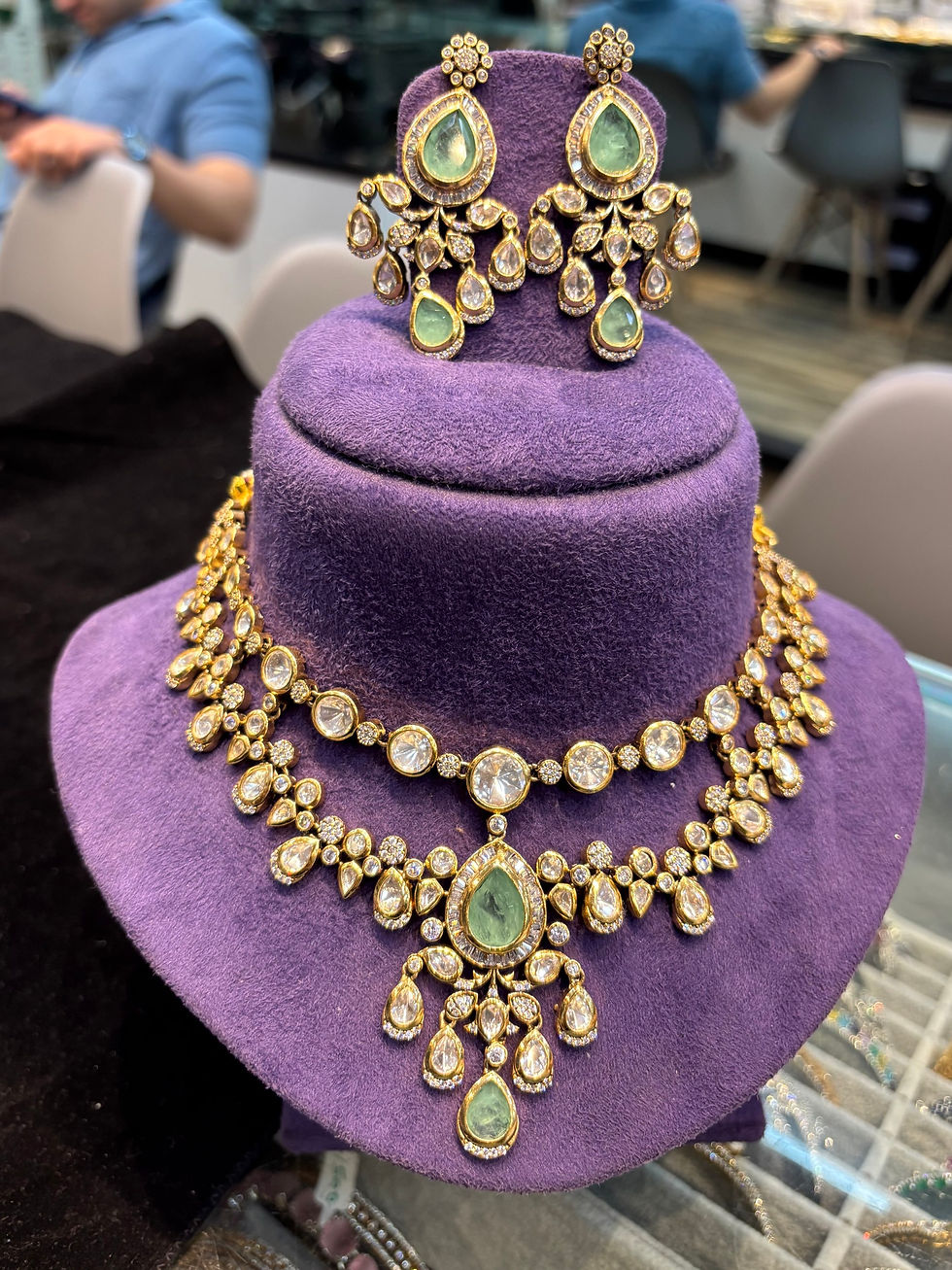 Thumbnail: Polki dual layer drop necklace with earrings and mang tika - Mint green 