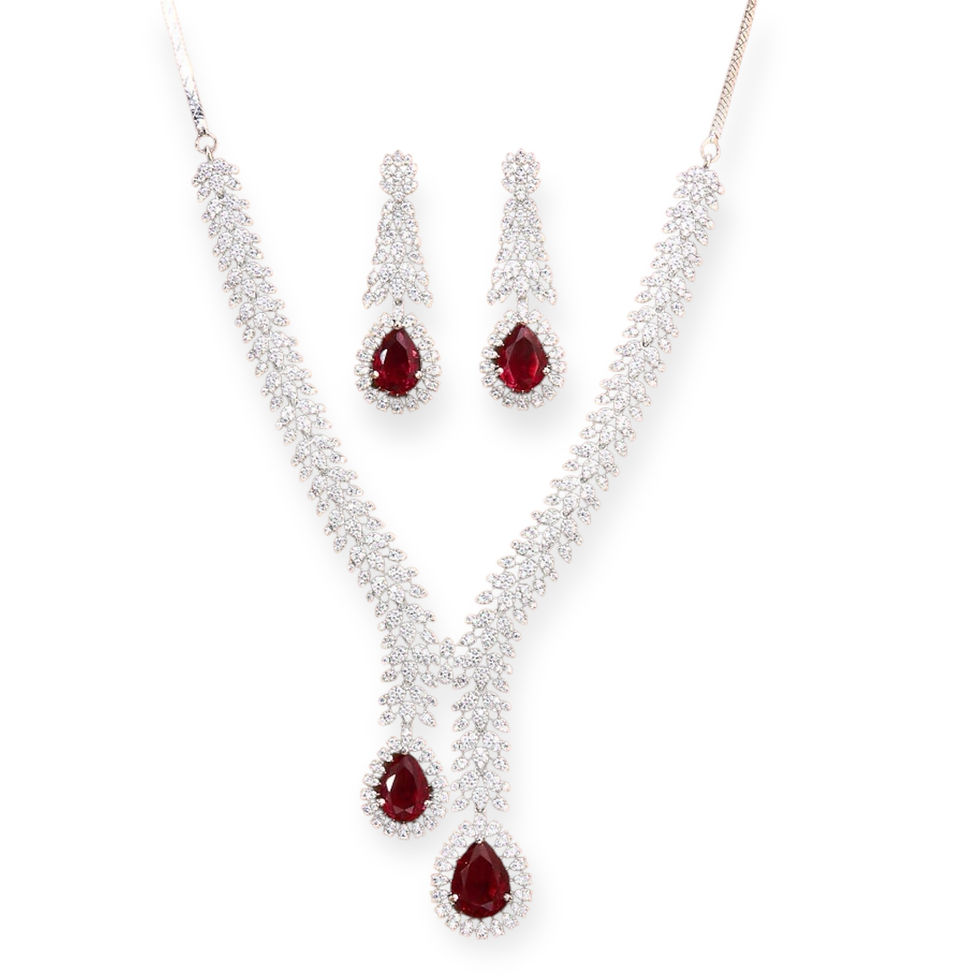 Thumbnail: Diamond studded dual drop necklace and earrings - 6 colours