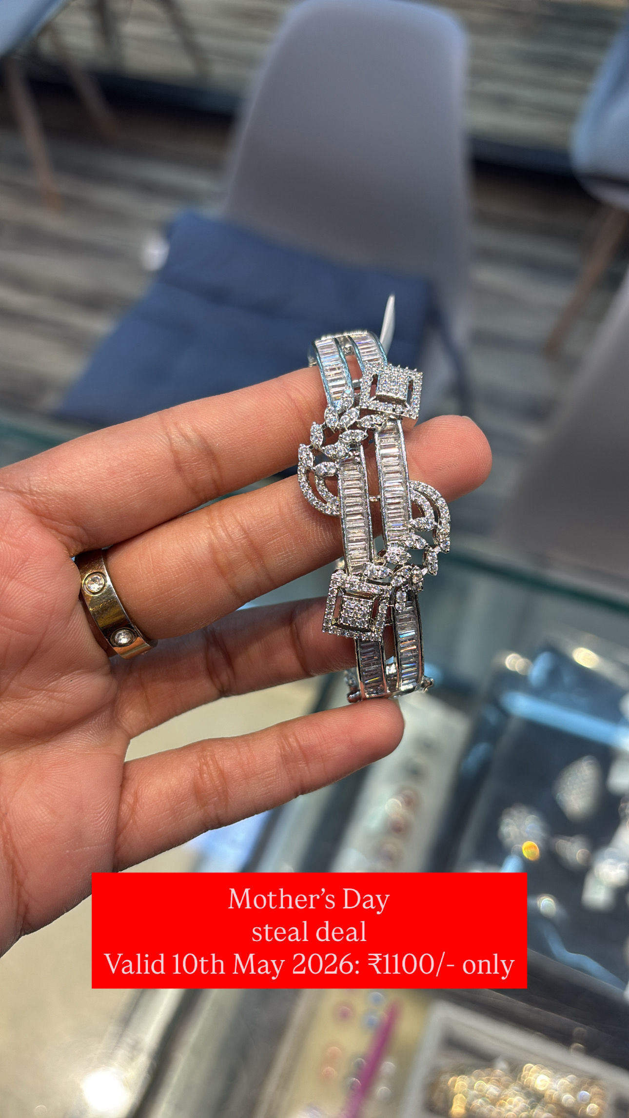 Baguette studded diamond kada bracelet - openable - fits 2.4 to 2.8 