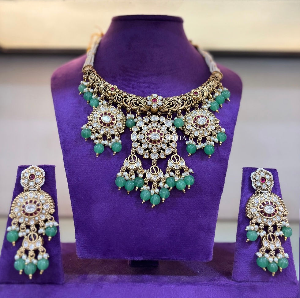 Thumbnail: Premium heritage beads studded polki hasli necklace and earrings 