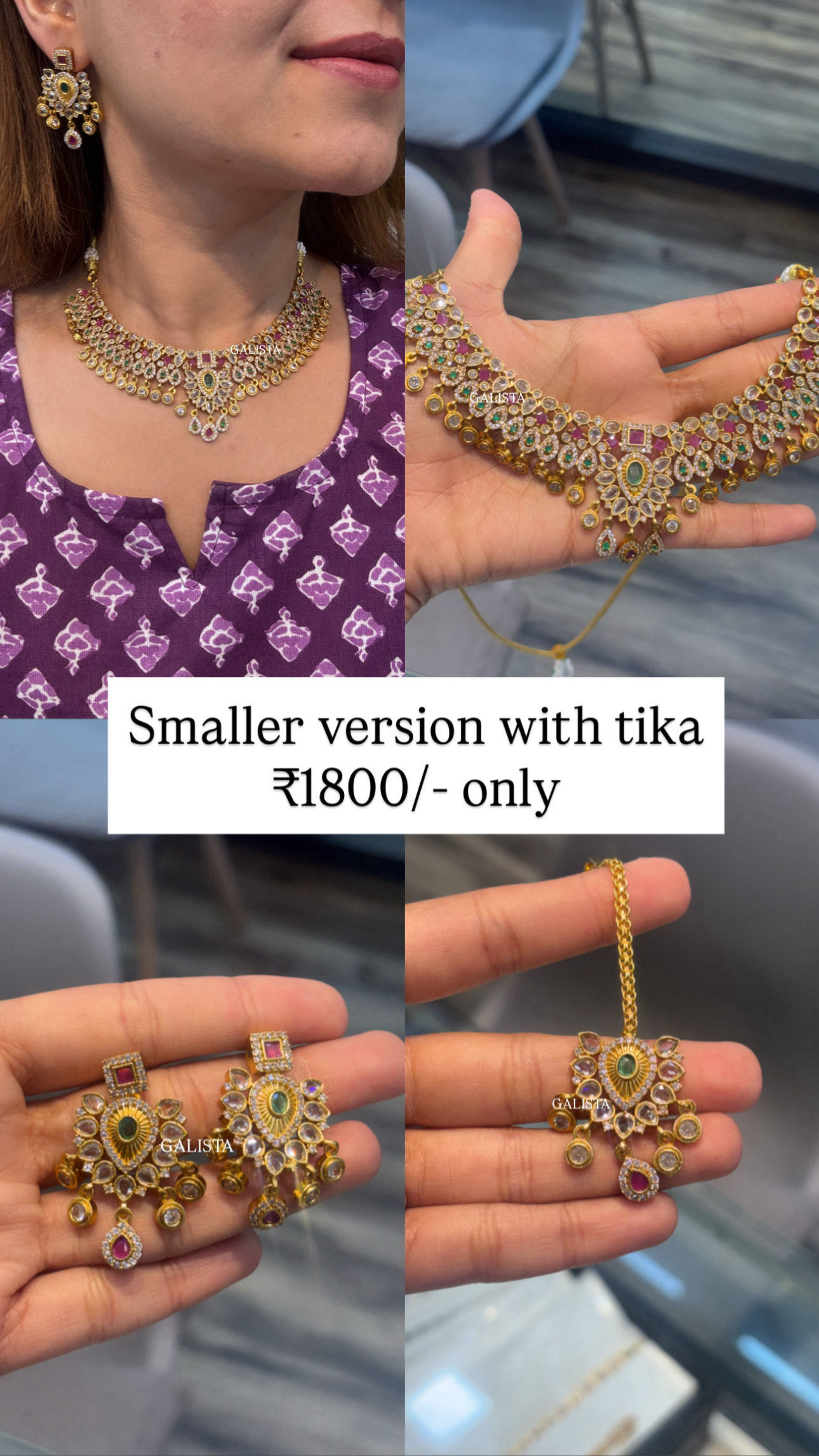 Smaller Version with tika - Premium Polki Ruby Green Necklace set