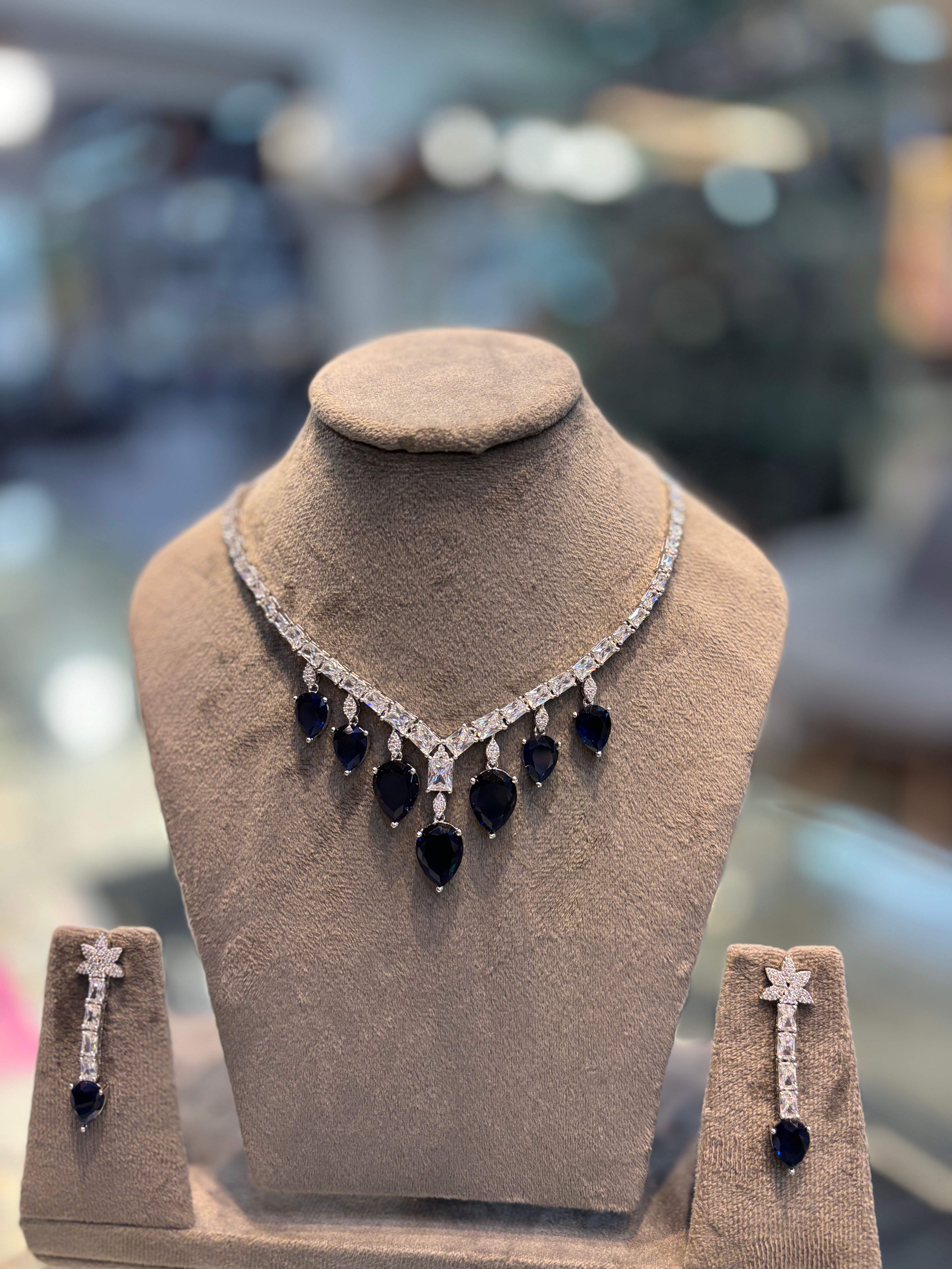 Diamond drop necklace and earrings - blue sapphire 