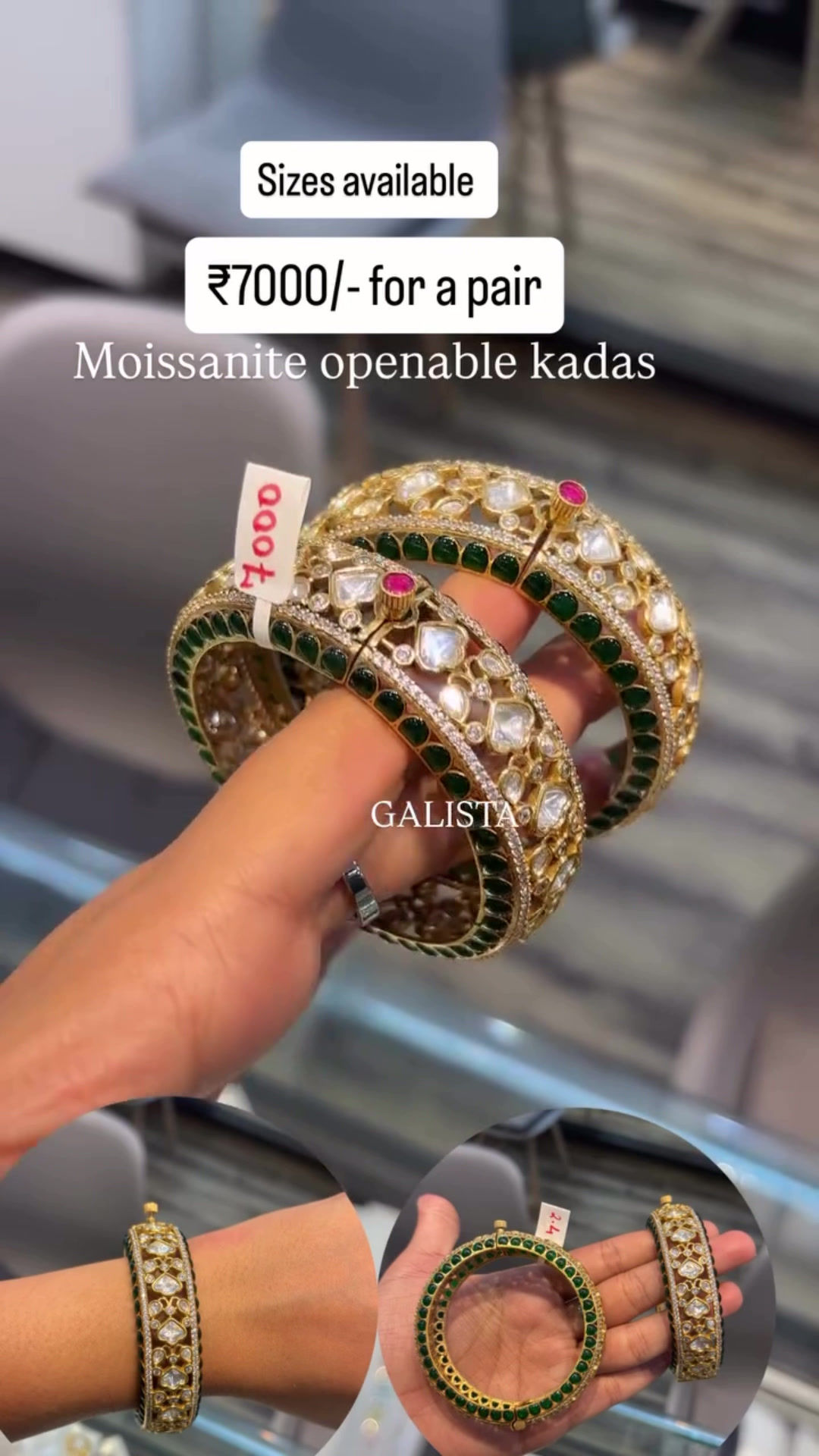 Moissanite polki green meenakari bangles - openable - one pair - 2 pieces 
