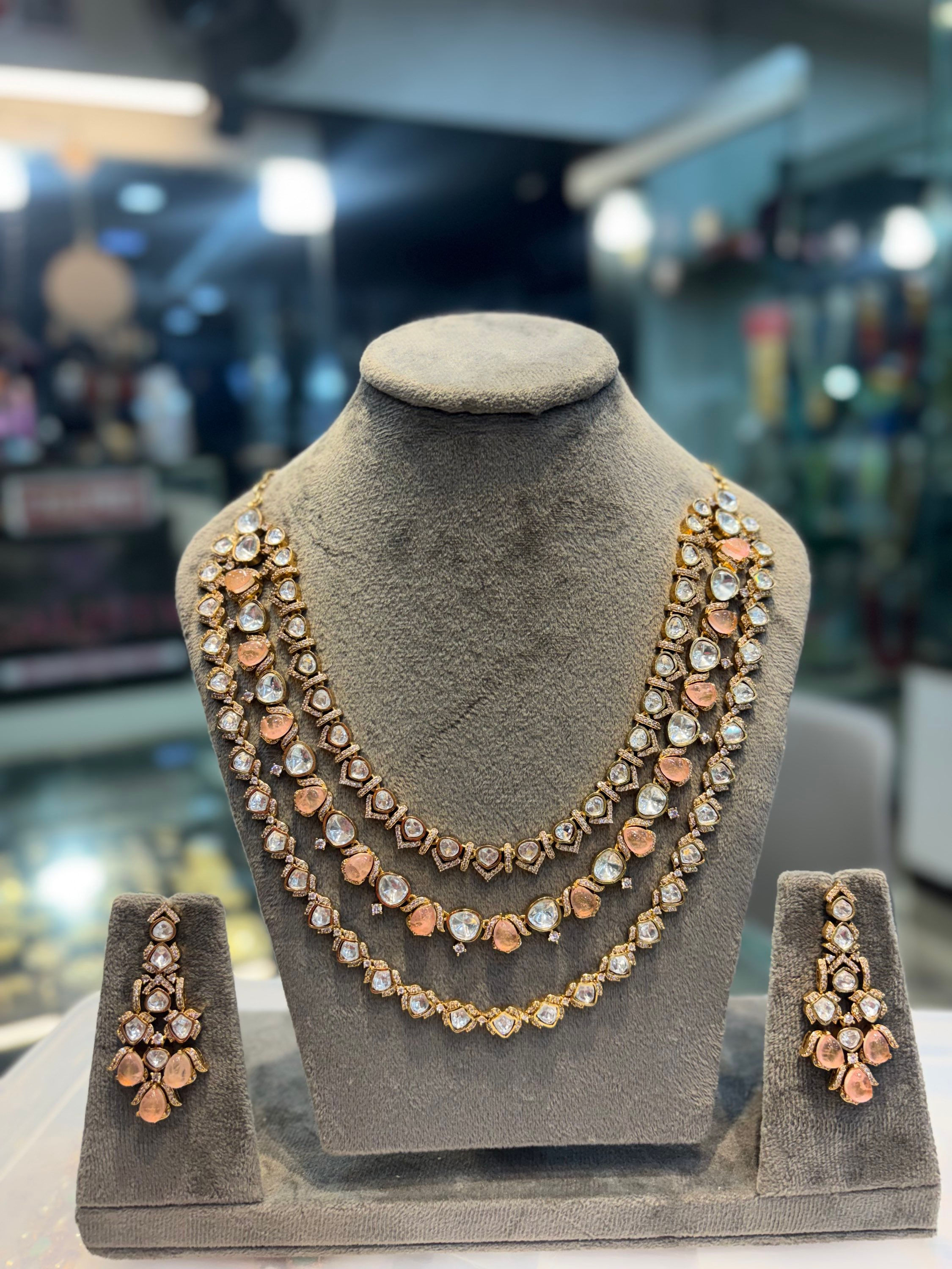 Layered moissanite polki doublet studded necklace with earrings - Pink 