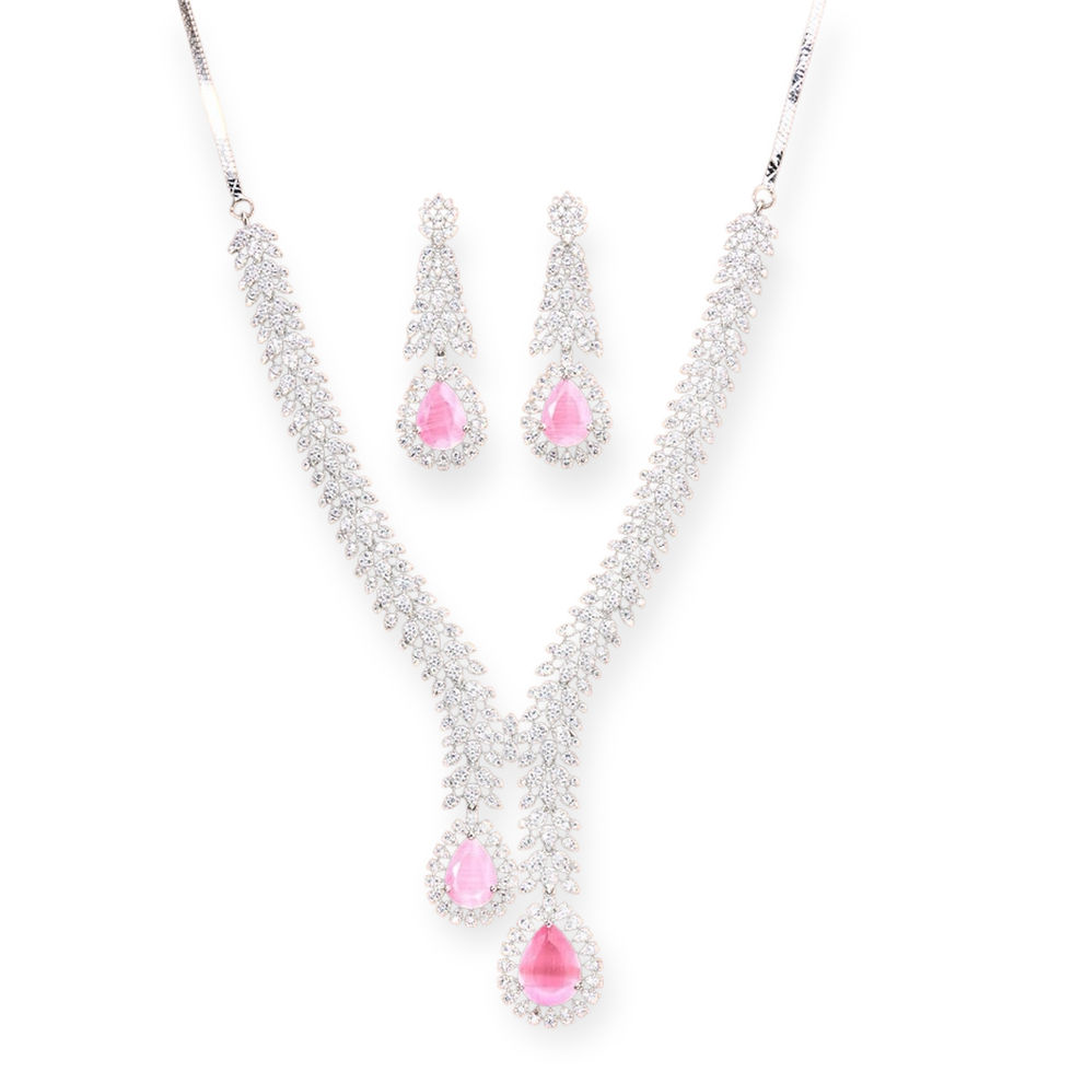 Thumbnail: Diamond studded dual drop necklace and earrings - 6 colours