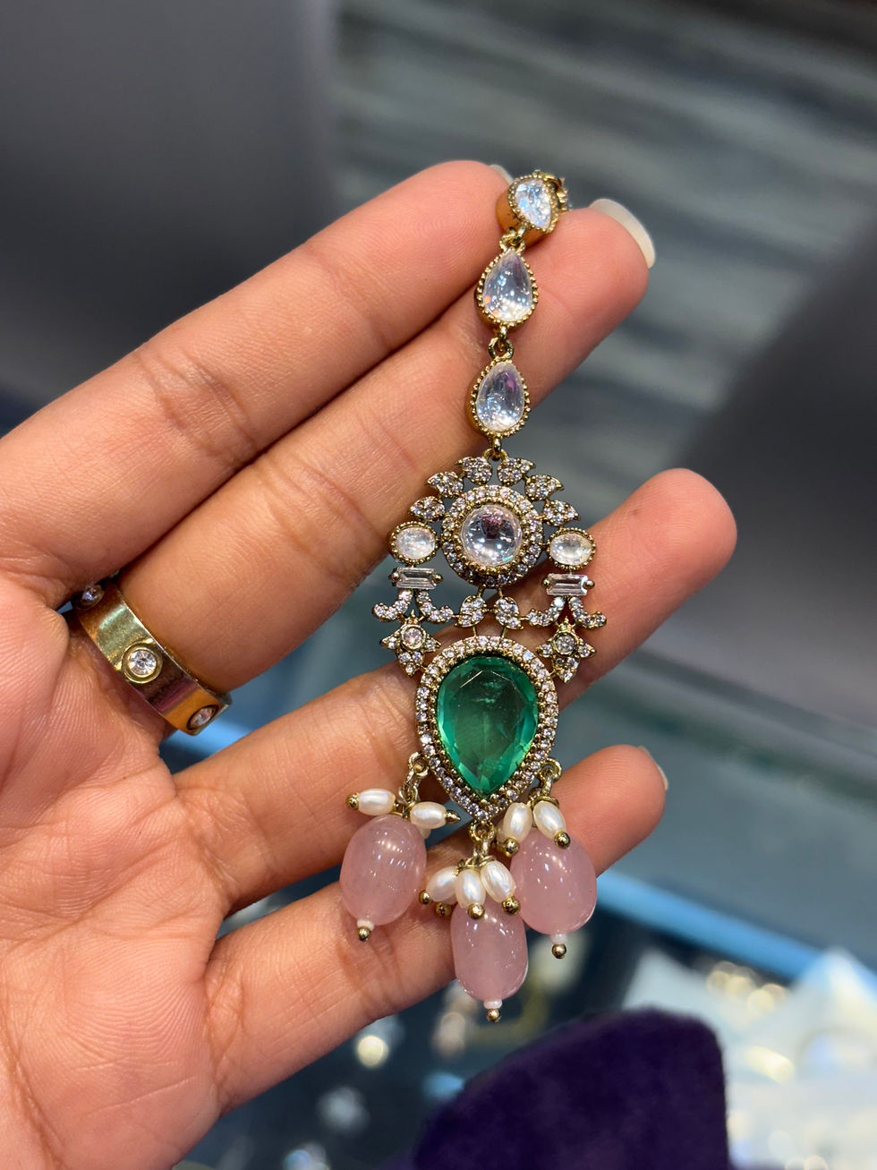 Thumbnail: Premium choker necklace with earrings and mang tika - mint pink