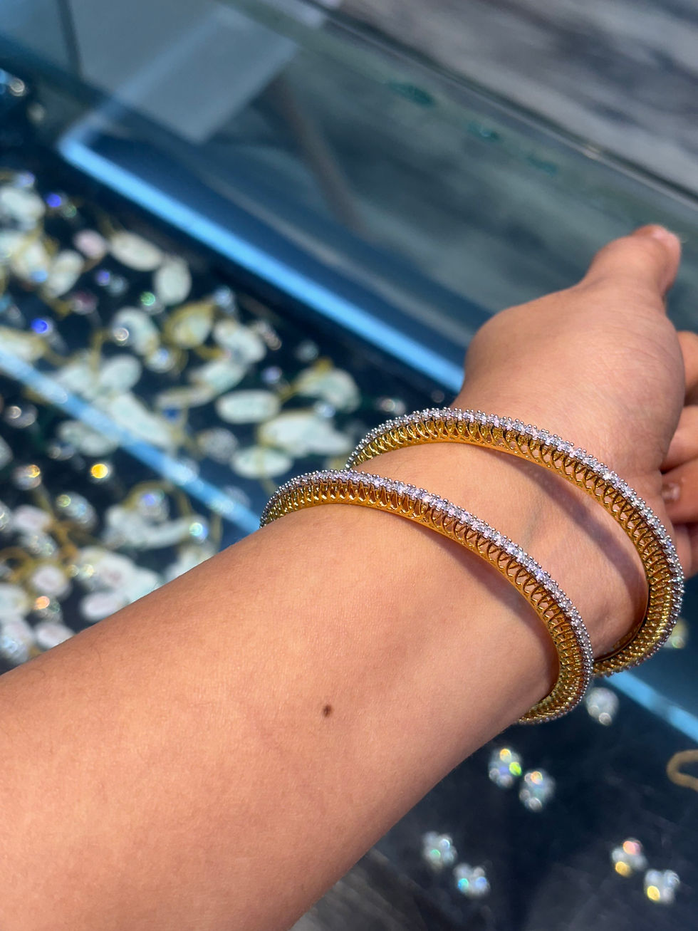 Thumbnail: Thin diamond studded two tone bangles - set of 2 - non openable 