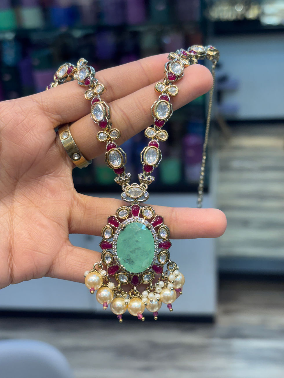Thumbnail: Victorian polki necklace with earrings and mang tika - Ruby mint 