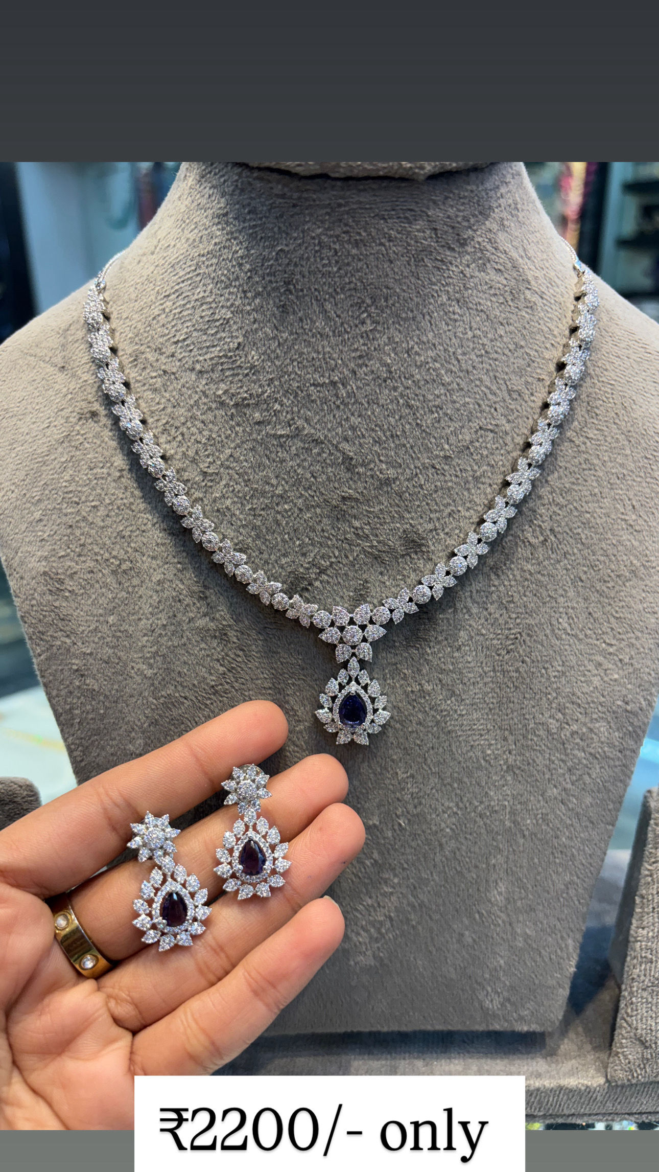 Real looking diamond studded necklace with earrings - Purple 