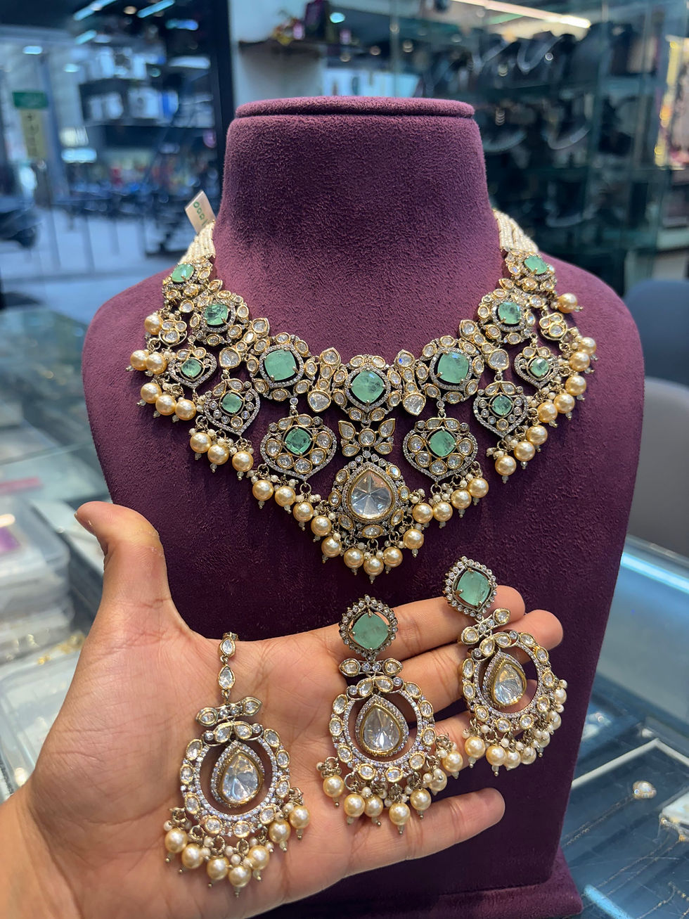 Thumbnail: Mint doublet stone studded necklace - combo set option - two tone polish 