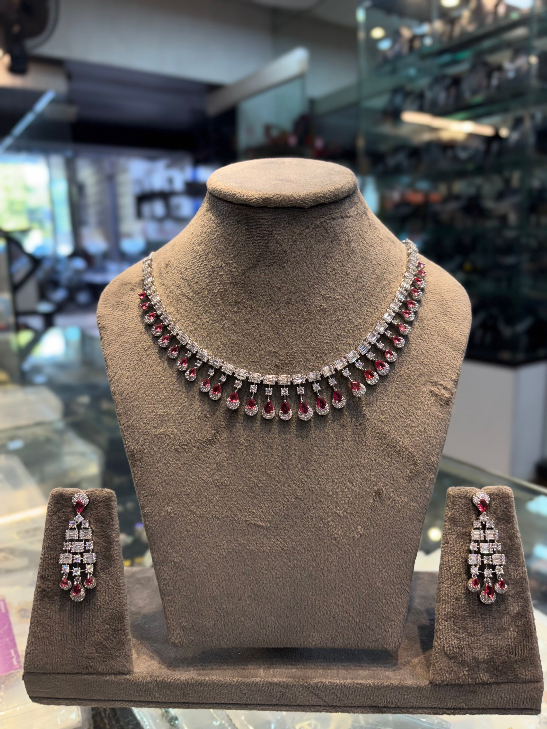 Diamond baguette studded necklace with earrings - Ruby red