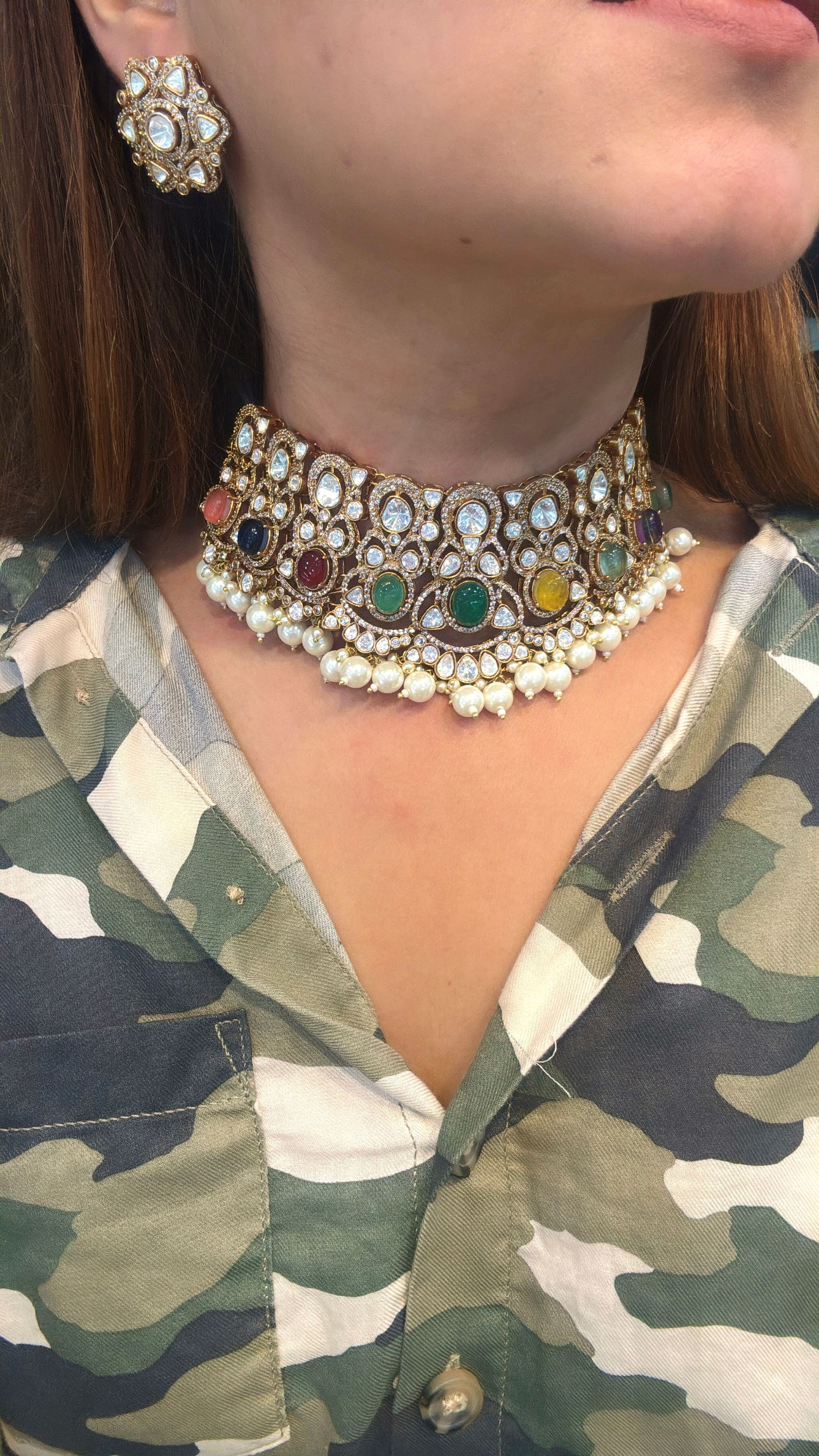 Multicolor navratna moissanite polki necklace and stud earrings 