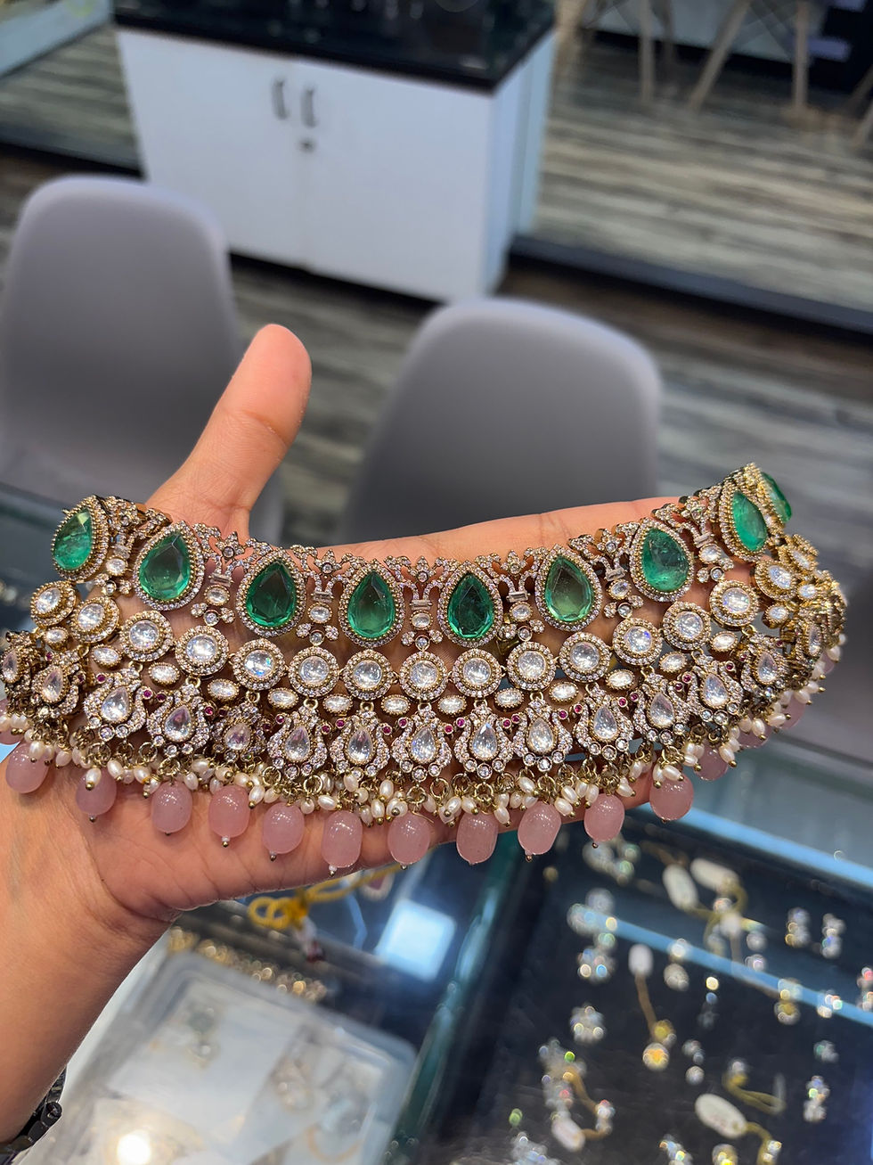 Thumbnail: Premium choker necklace with earrings and mang tika - mint pink