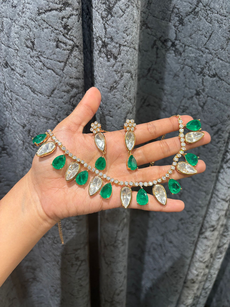 Thumbnail: Polki emerald doublet tear drops necklace and  earrings