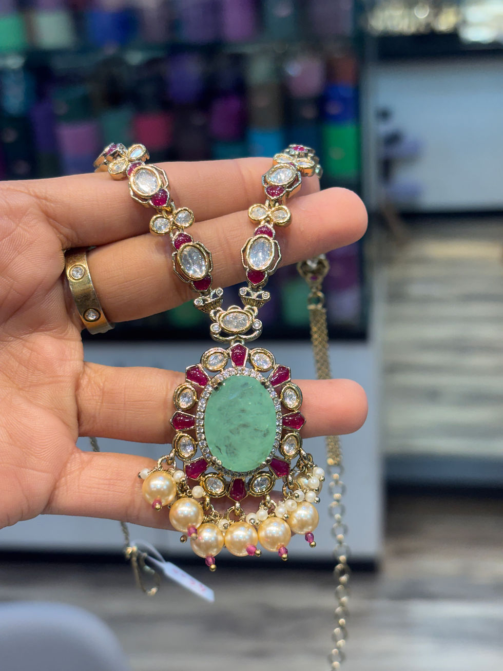 Thumbnail: Victorian polki necklace with earrings and mang tika - Ruby mint 