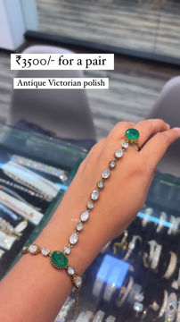 Polki hathphool - One Pair - 2 pieces - Green  - Antique victorian polish 