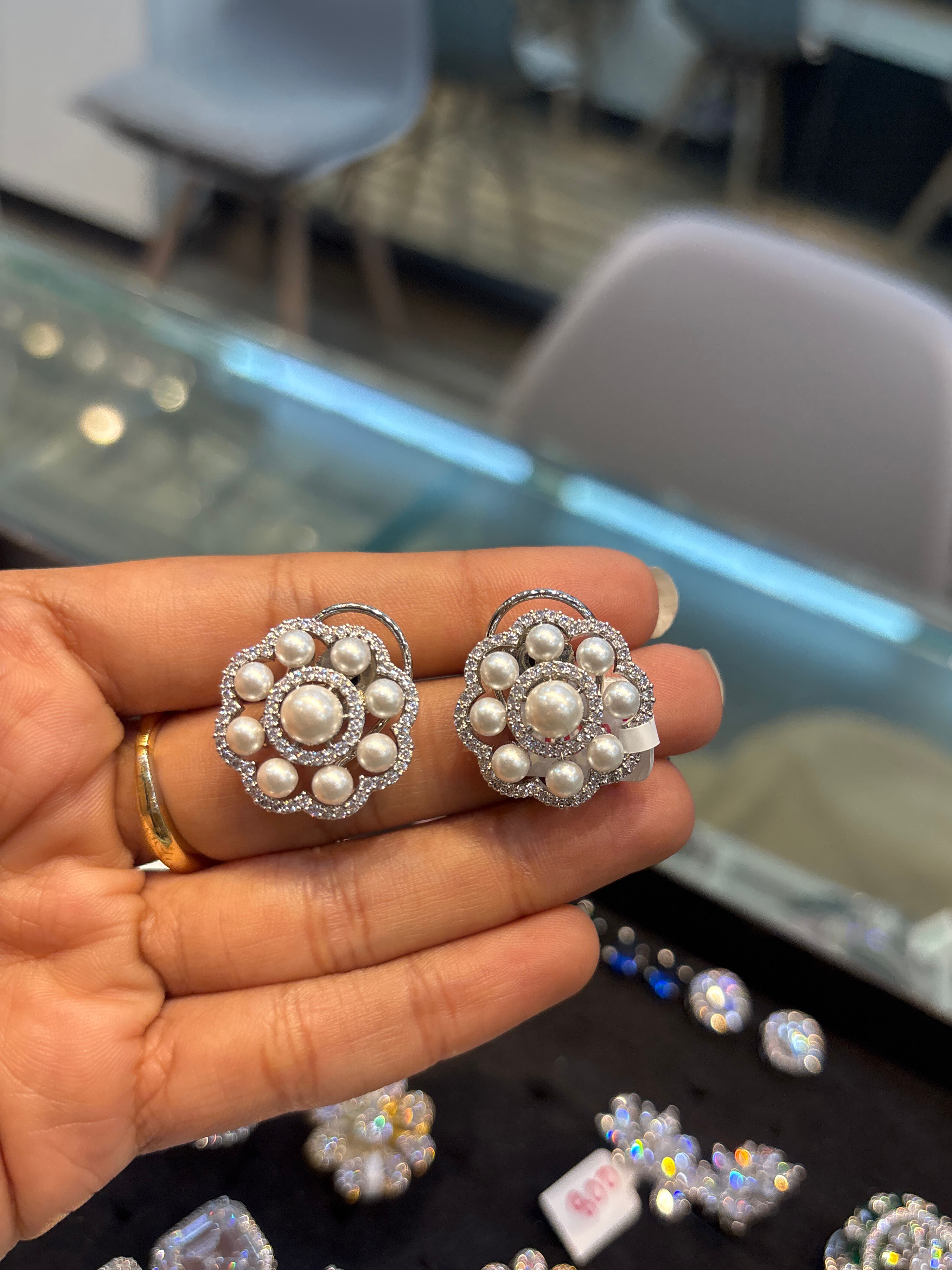 Pearl diamond stud floral earrings - silver polish- medium size with back lock 
