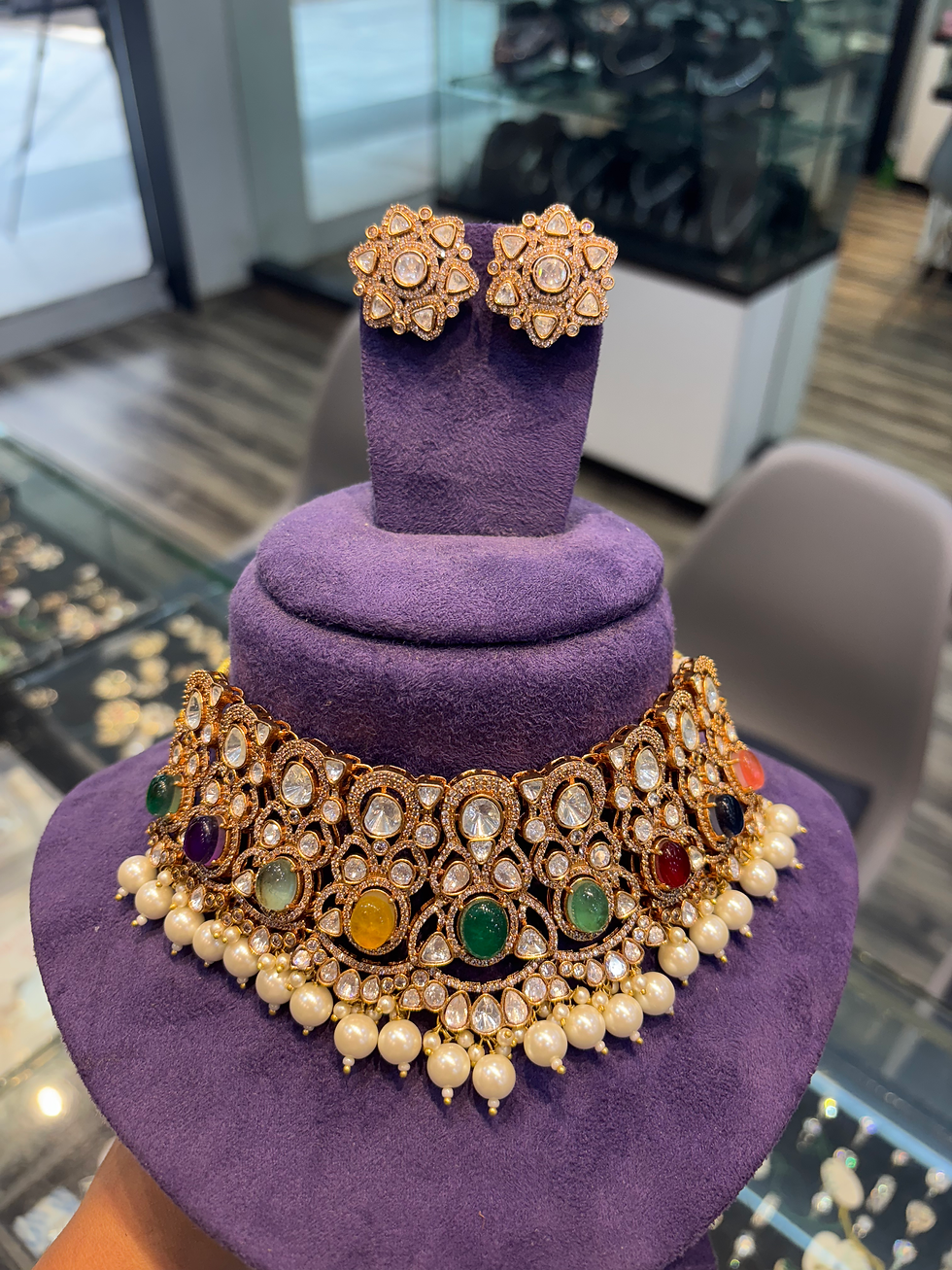 Thumbnail: Multicolor navratna moissanite polki necklace and stud earrings 