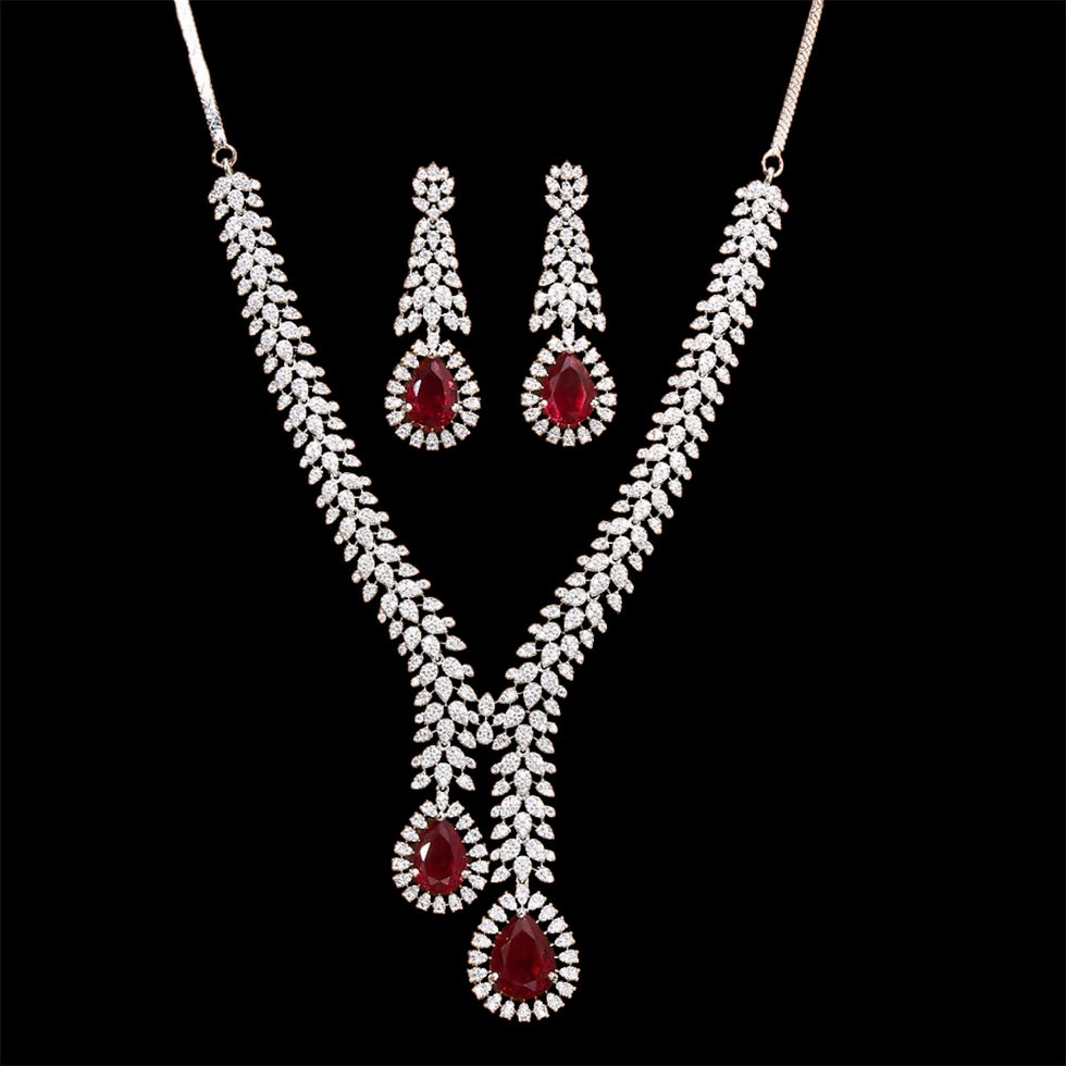 Thumbnail: Diamond studded dual drop necklace and earrings - 6 colours