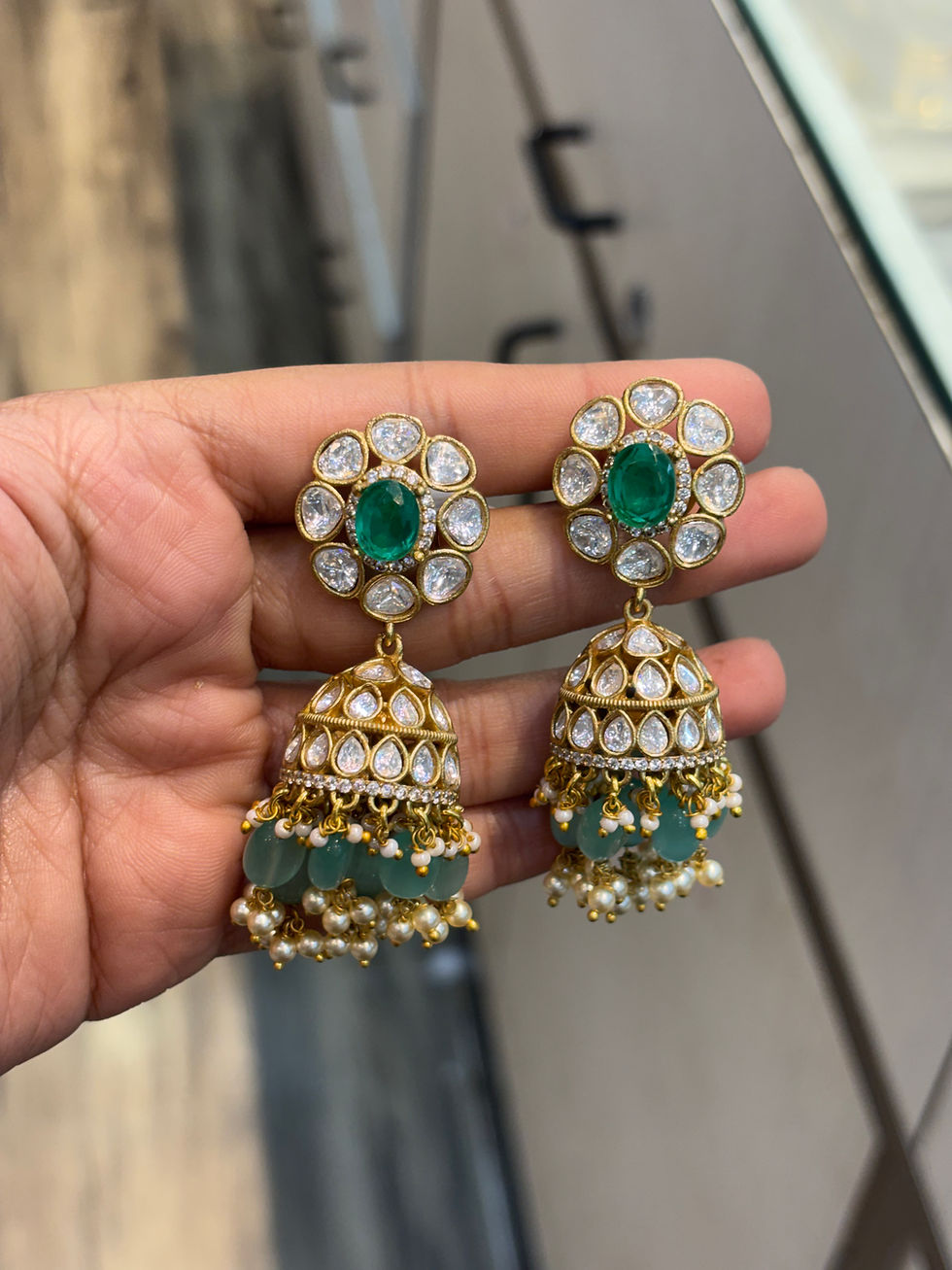 Thumbnail: Moissanite polki jhumki earrings - green 