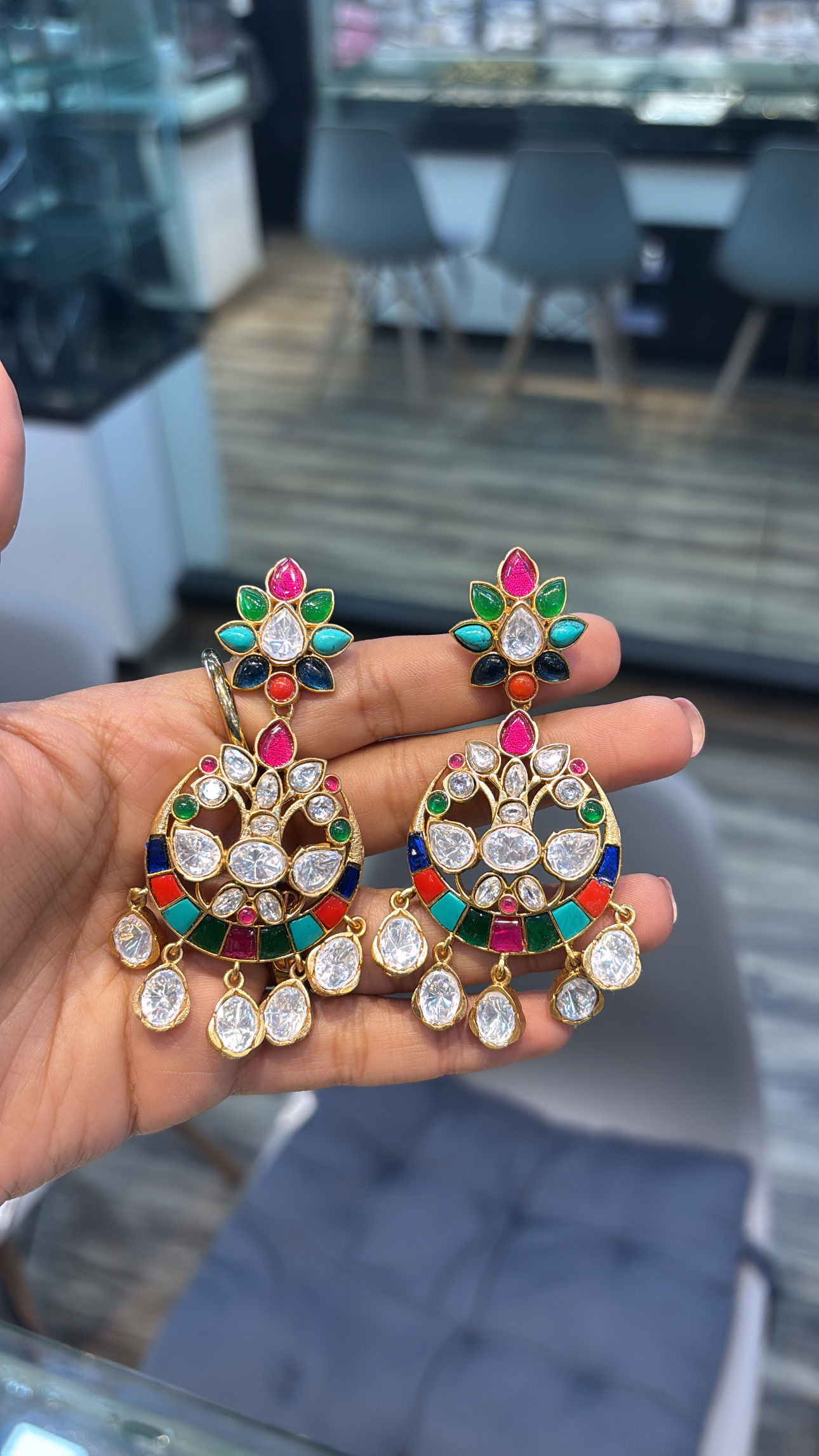 Navratna multicolor moissanite chandbali earrings 
