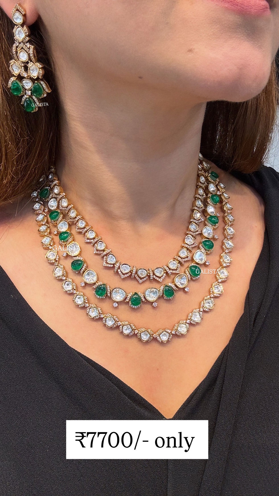 Thumbnail: Layered emerald moissanite polki necklace with earrings - 2 sets