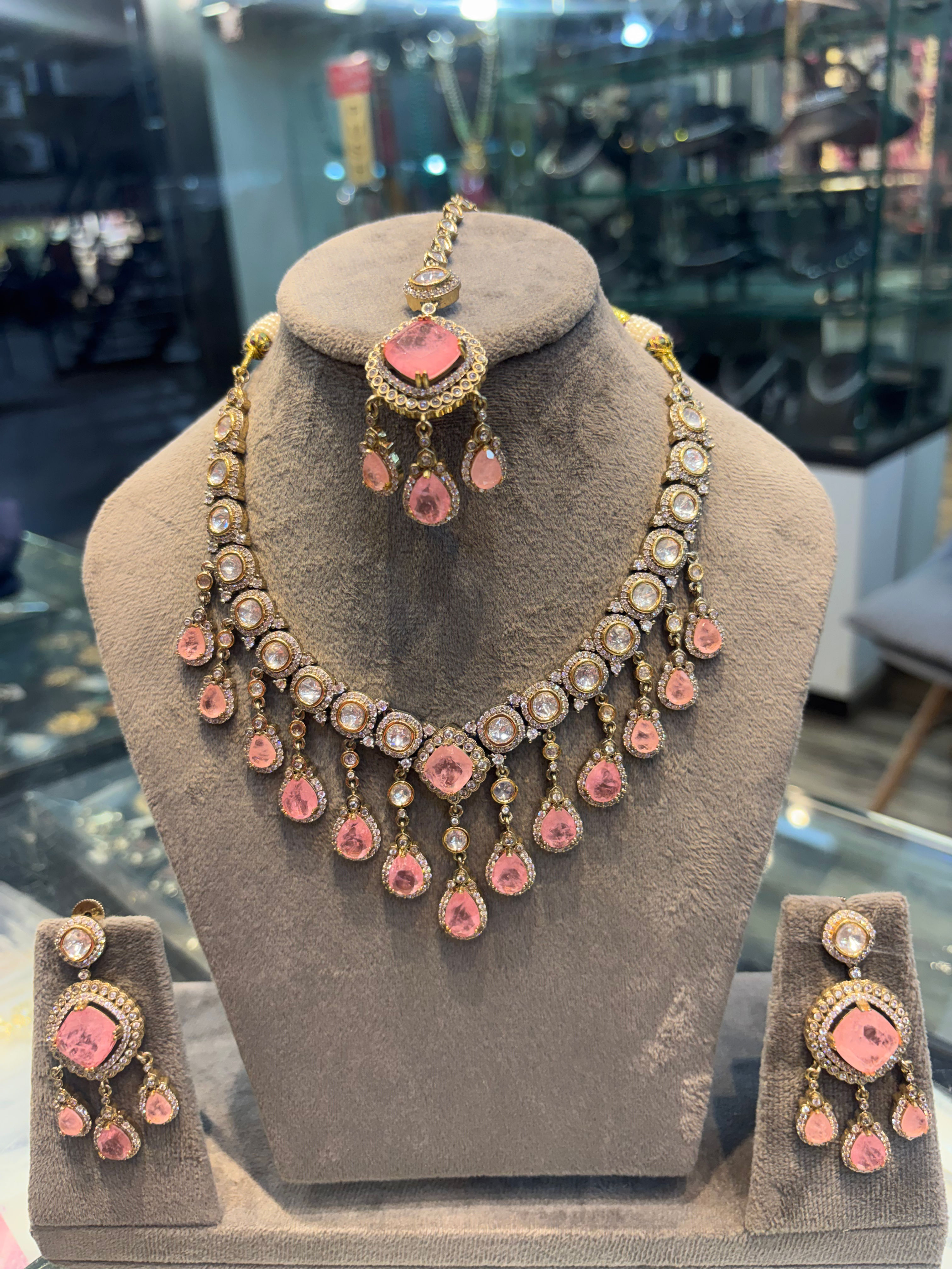Doublet stone studded polki drop necklace with earrings and mang tika - Pink 
